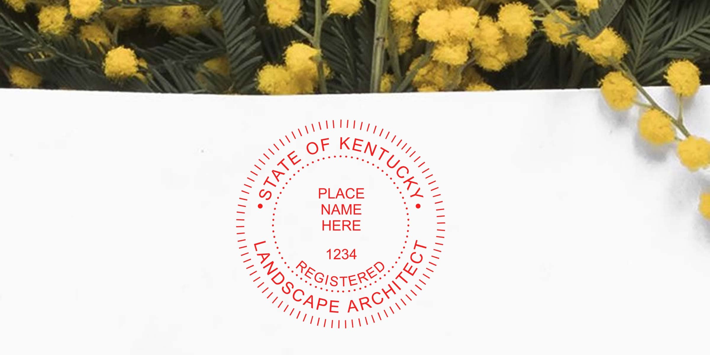 Kentucky landscape architect custom stamp with yellow mimosa flowers on a white background.