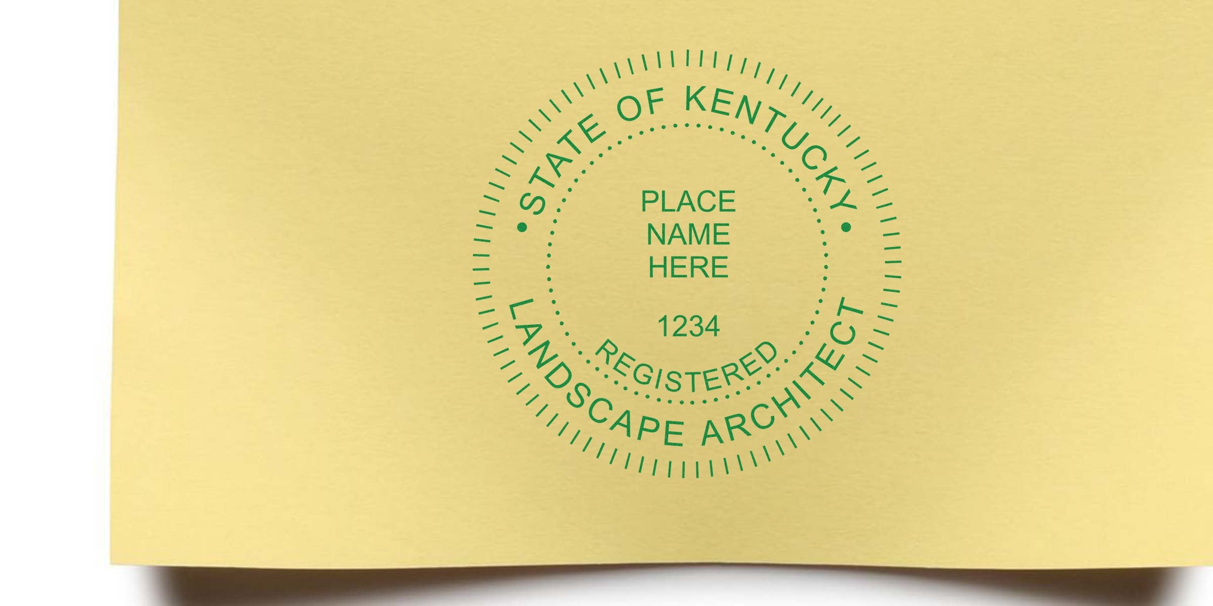 Kentucky landscape architect stamp on yellow paper, showing state registration and online compliance for landscape architects.