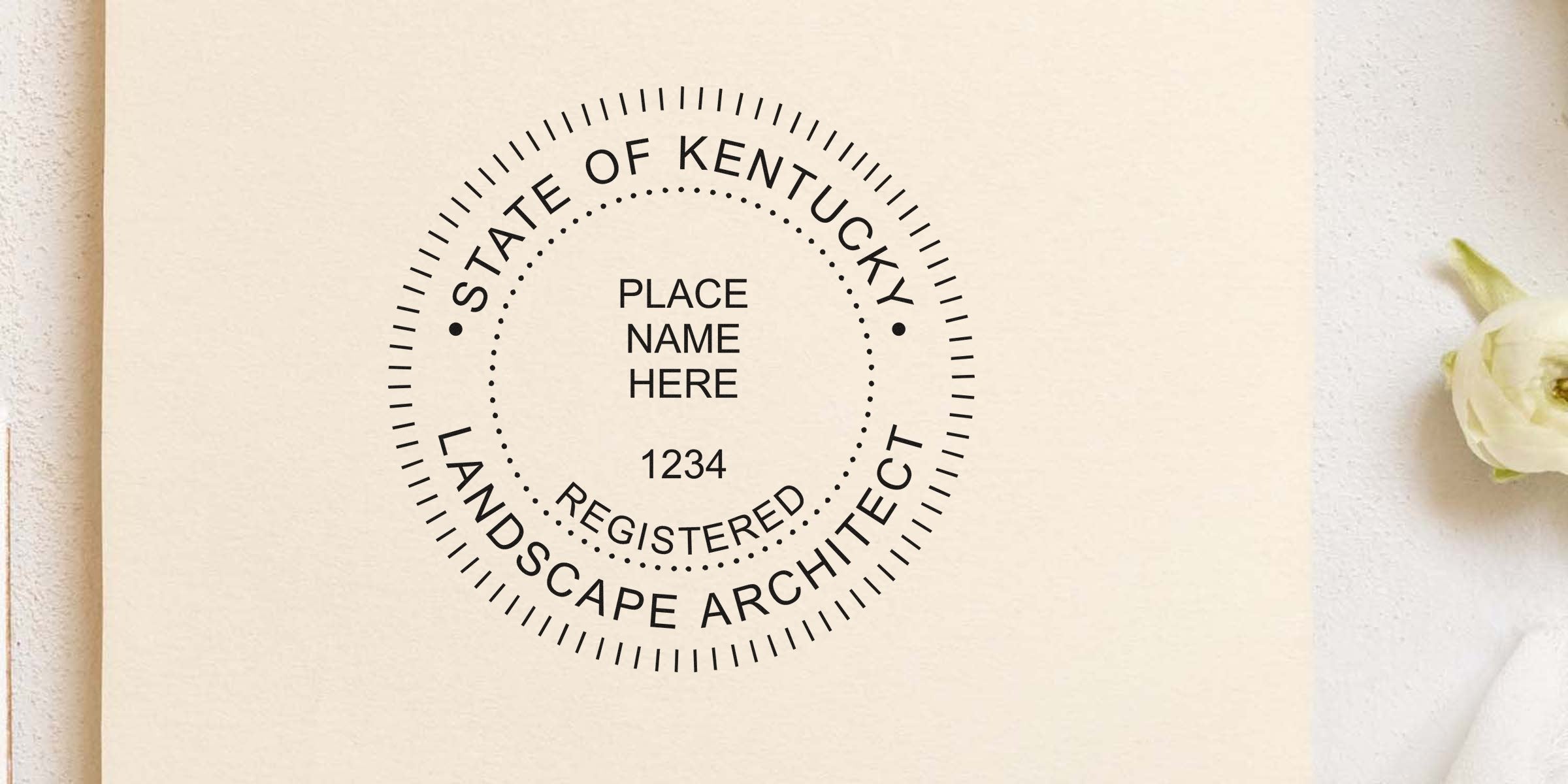 Kentucky landscape architect seal on paper with white flower and pencil, registered landscape architect seal design, buy landscape architect seal.