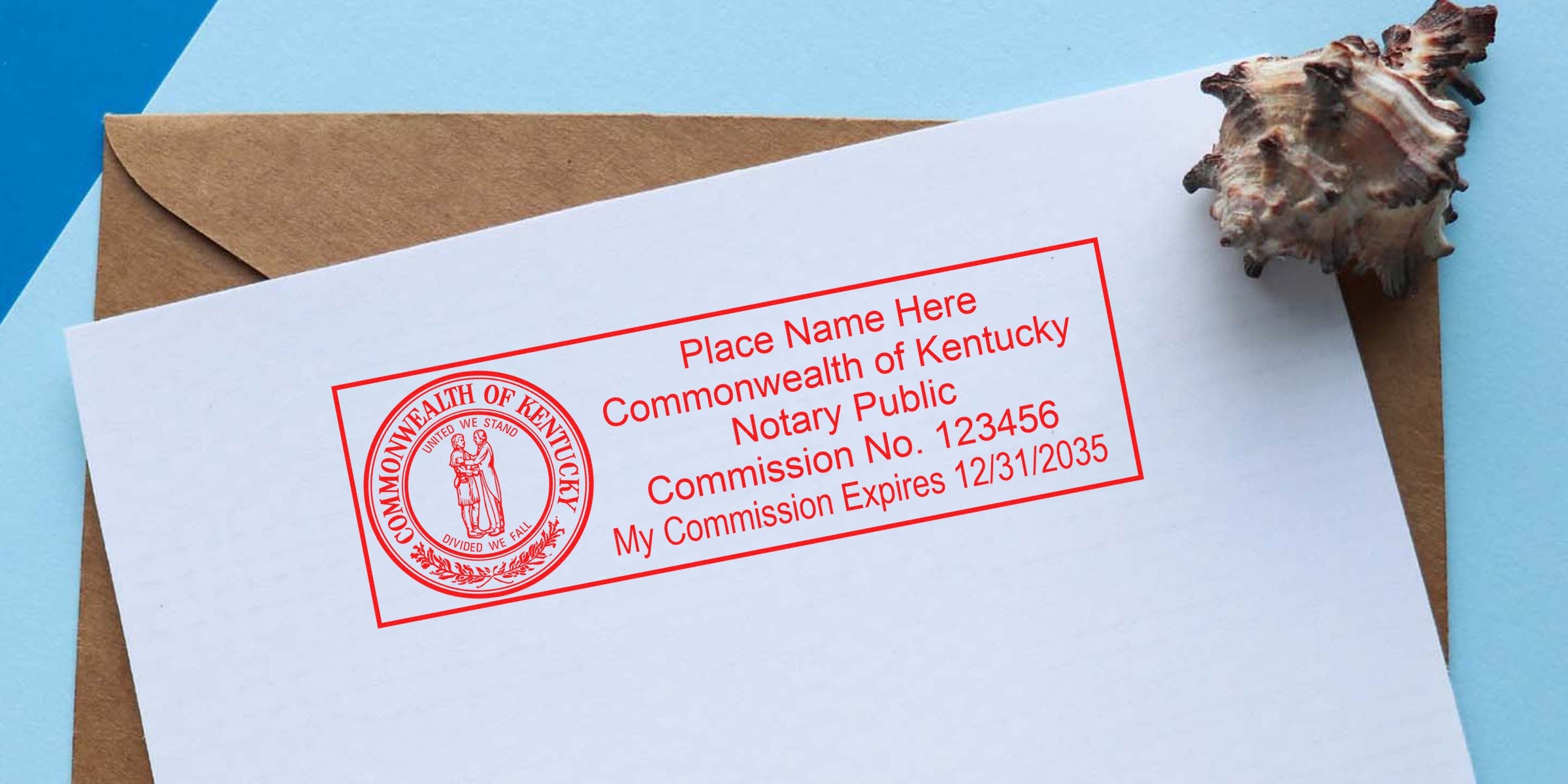 Kentucky notary seal stamped on white envelope with commission details, seashell beside on blue background, highlighting top notary seal choice.