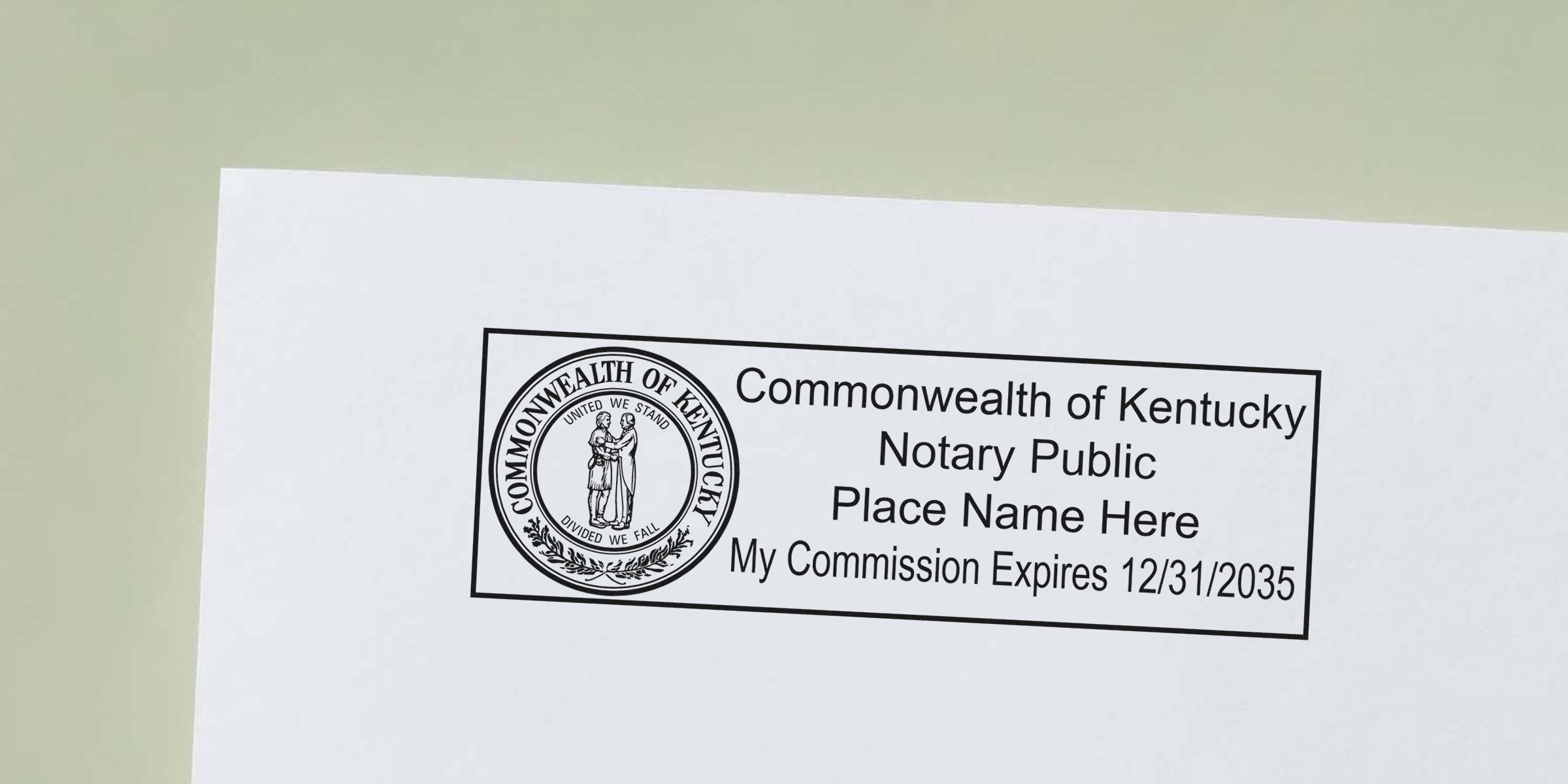 KY notary stamp with Commonwealth of Kentucky seal and commission expiration date on white paper, symbolizing the top notary stamp in Kentucky.