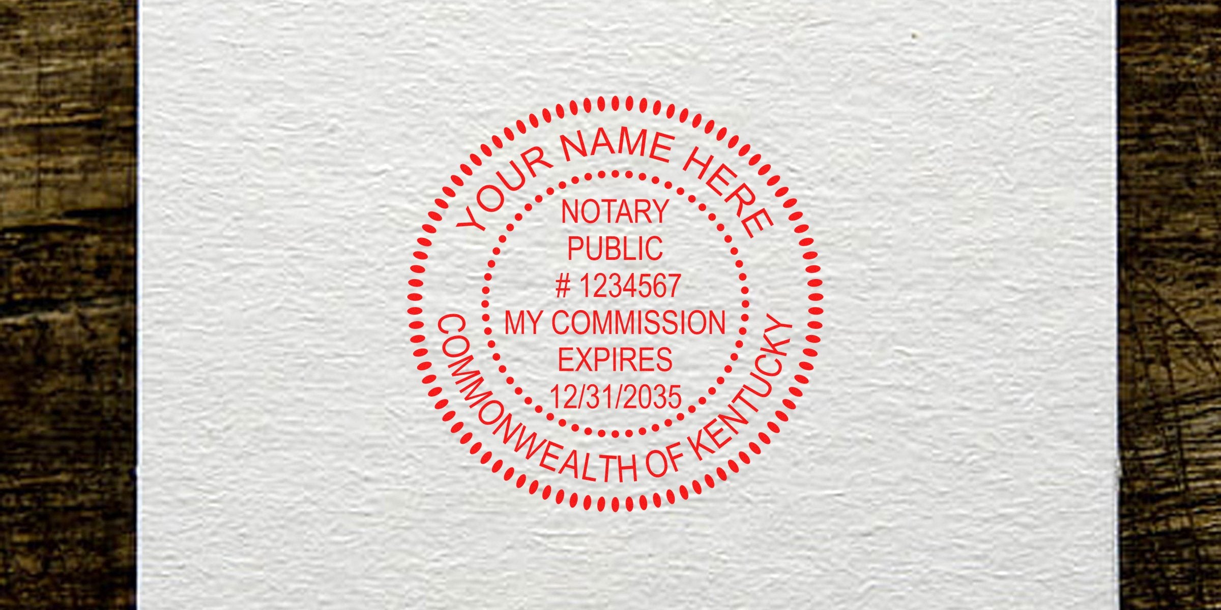 Red Kentucky notary stamp on textured paper verifies commission expiration and meets notary stamp requirements.