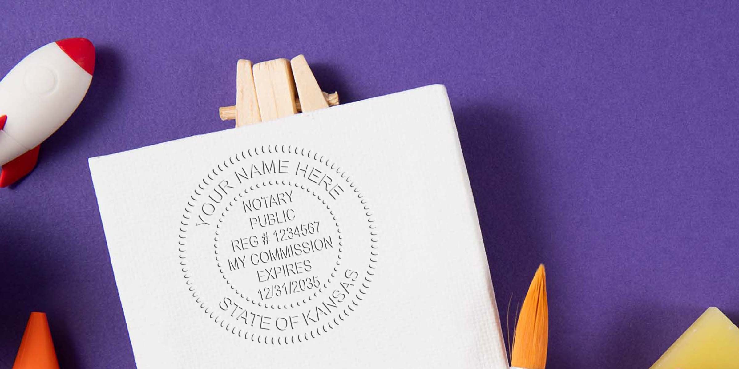 Kentucky notary stamp embossed on white paper with a purple background and colorful objects, official for legal documents, available online.