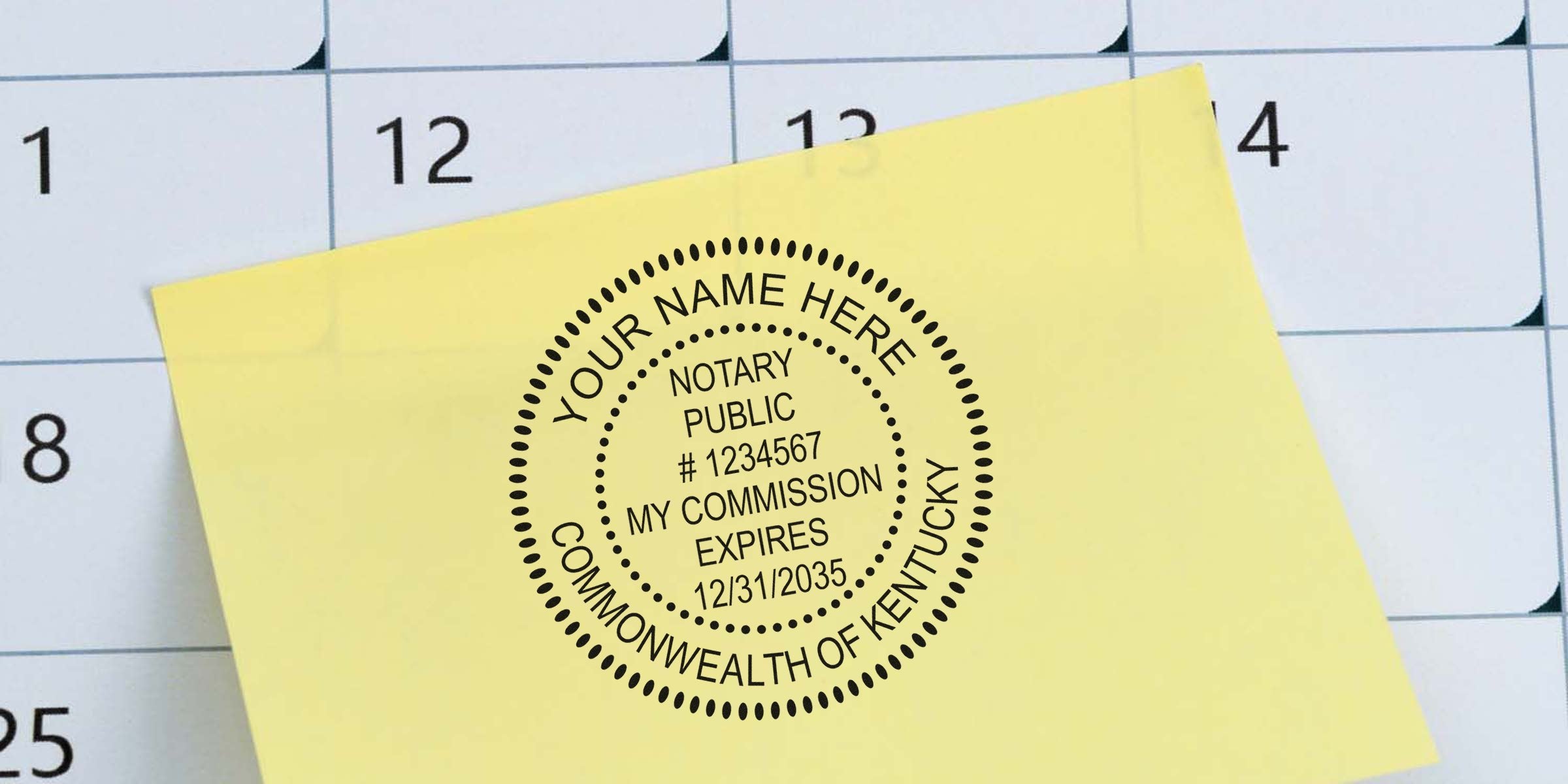 Kentucky notary stamp and seal on yellow sticky note with calendar, showing notary commission expiration date and Kentucky notary supplies.