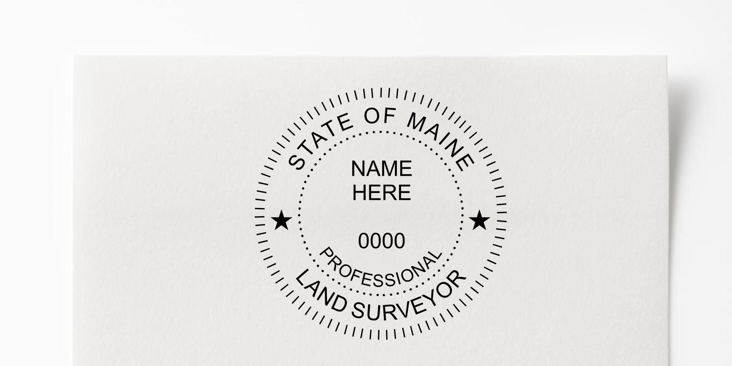 Custom State of Maine professional land surveyor seal with placeholder name and license number on a white background
