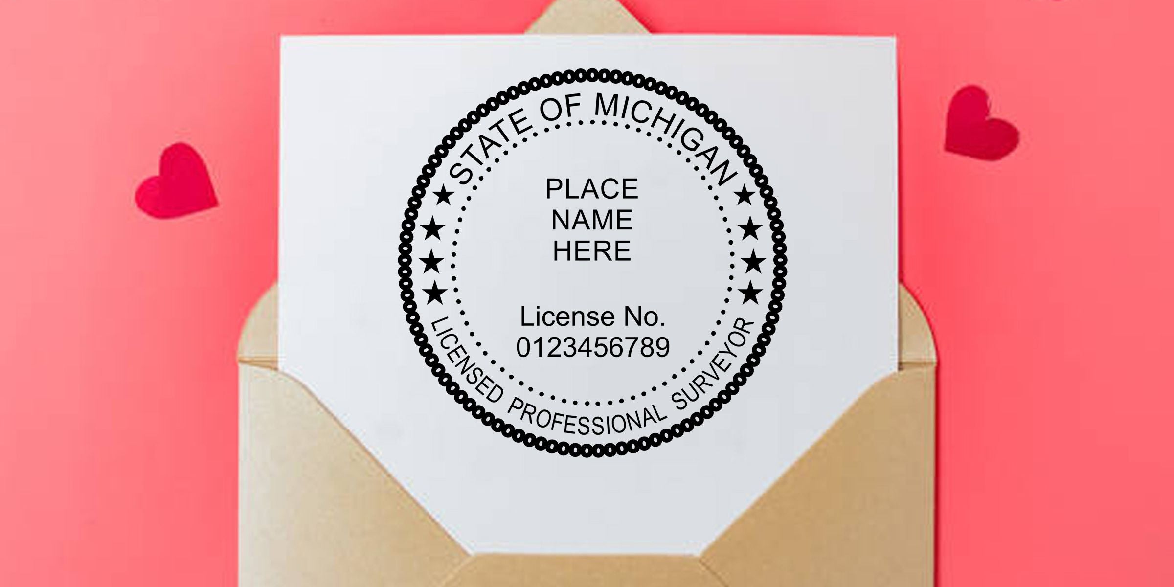 Envelope with State of Michigan licensed professional surveyor seal and customizable name and license number on a pink background with hearts