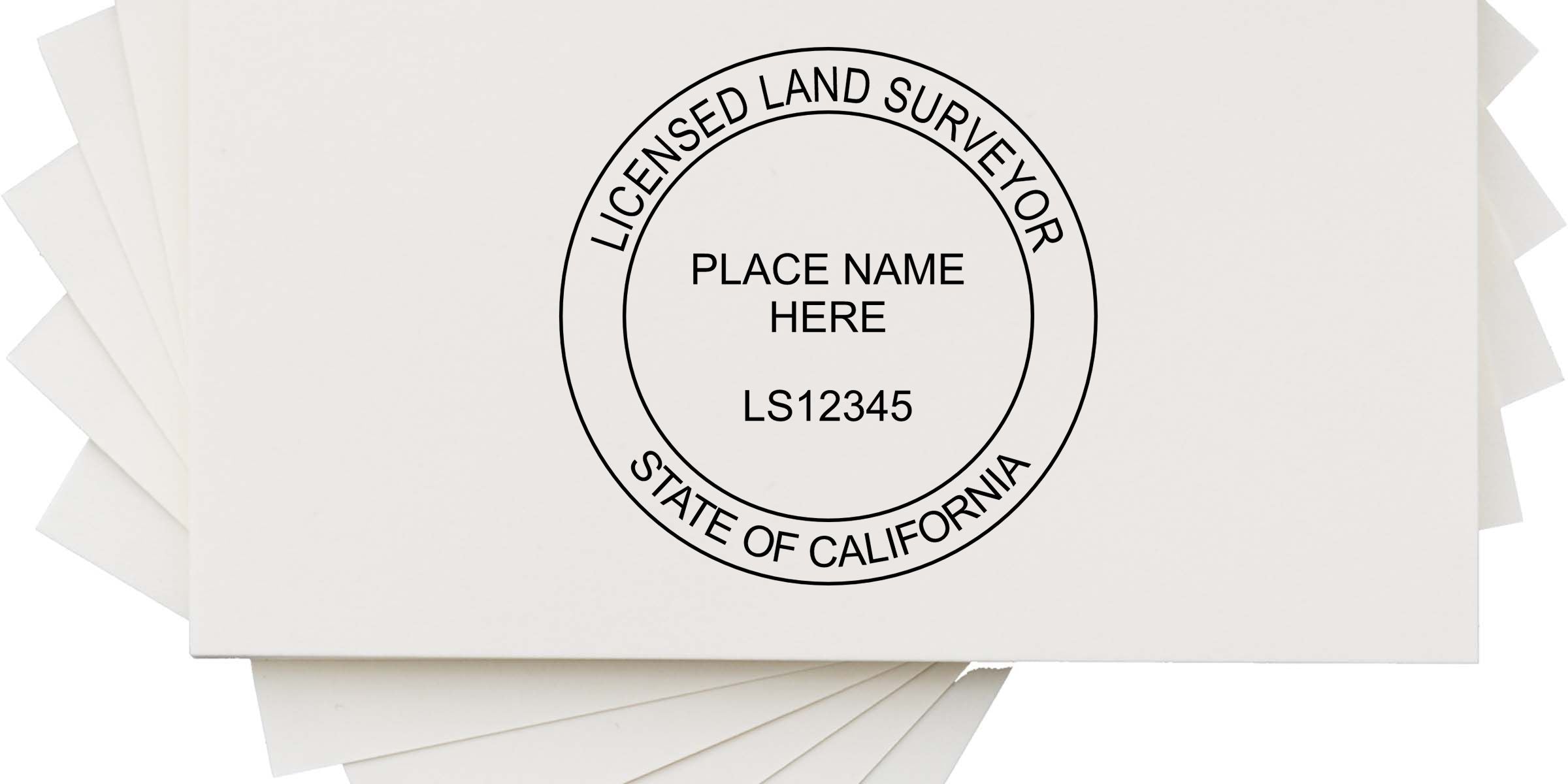 Licensed land surveyor seal on stacked white paper forms with “Place Name Here,” LS12345, and State of California text