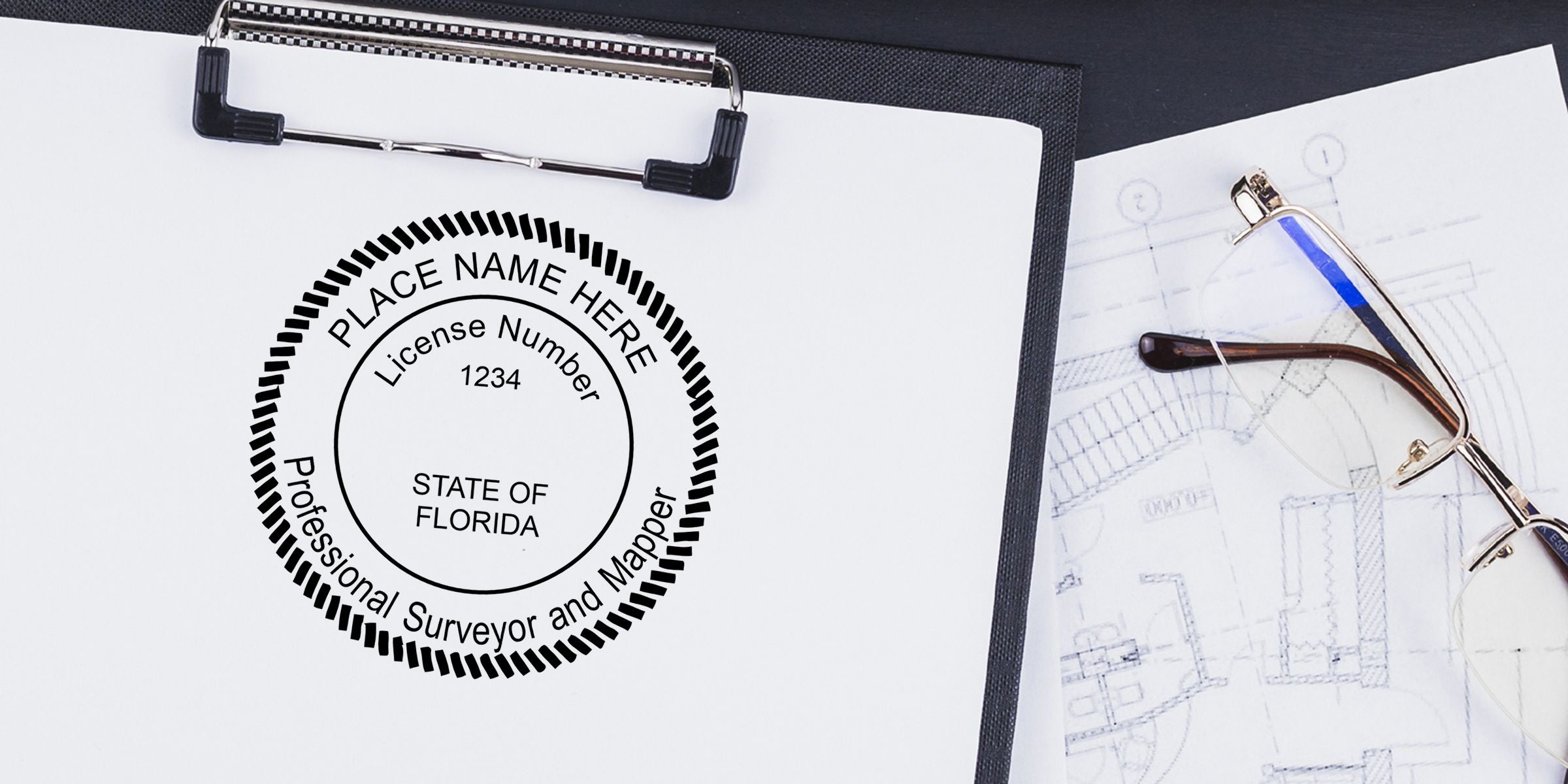 Florida professional surveyor and mapper license seal on a clipboard with eyeglasses and architectural blueprint plans