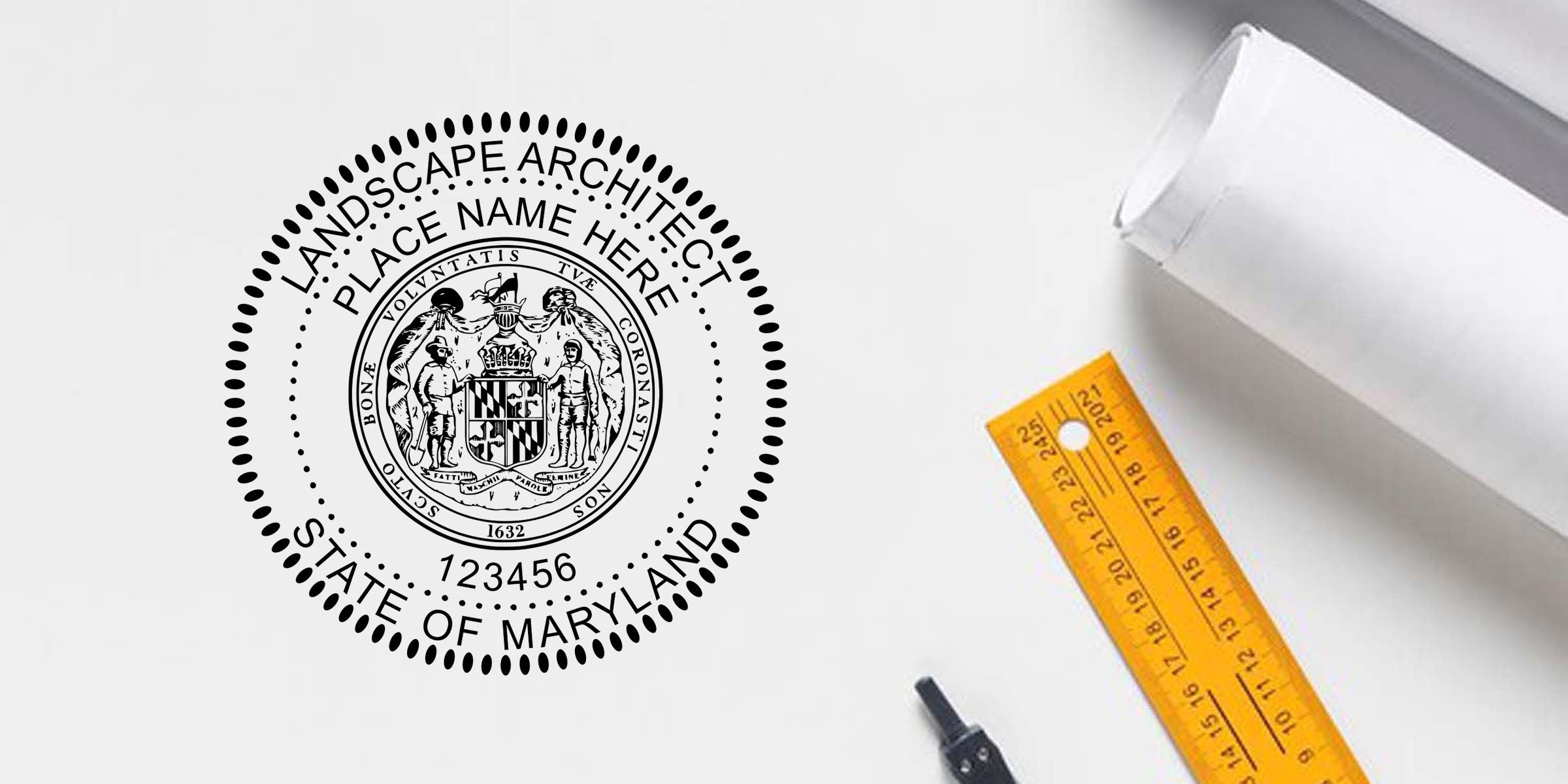 Maryland landscape architect wall decal with state seal, placed beside a level and measuring tools on a white surface.