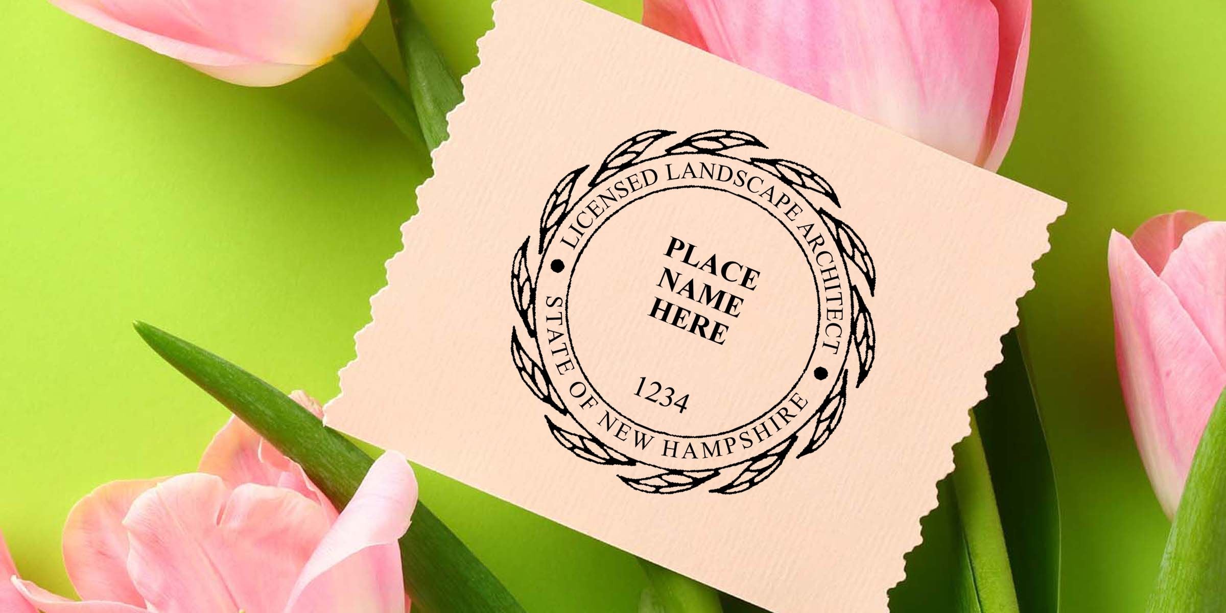 Custom licensed landscape architect logo stamp mockup on cream paper with pink tulips and green background, featuring State of New Hampshire emblem and place name text