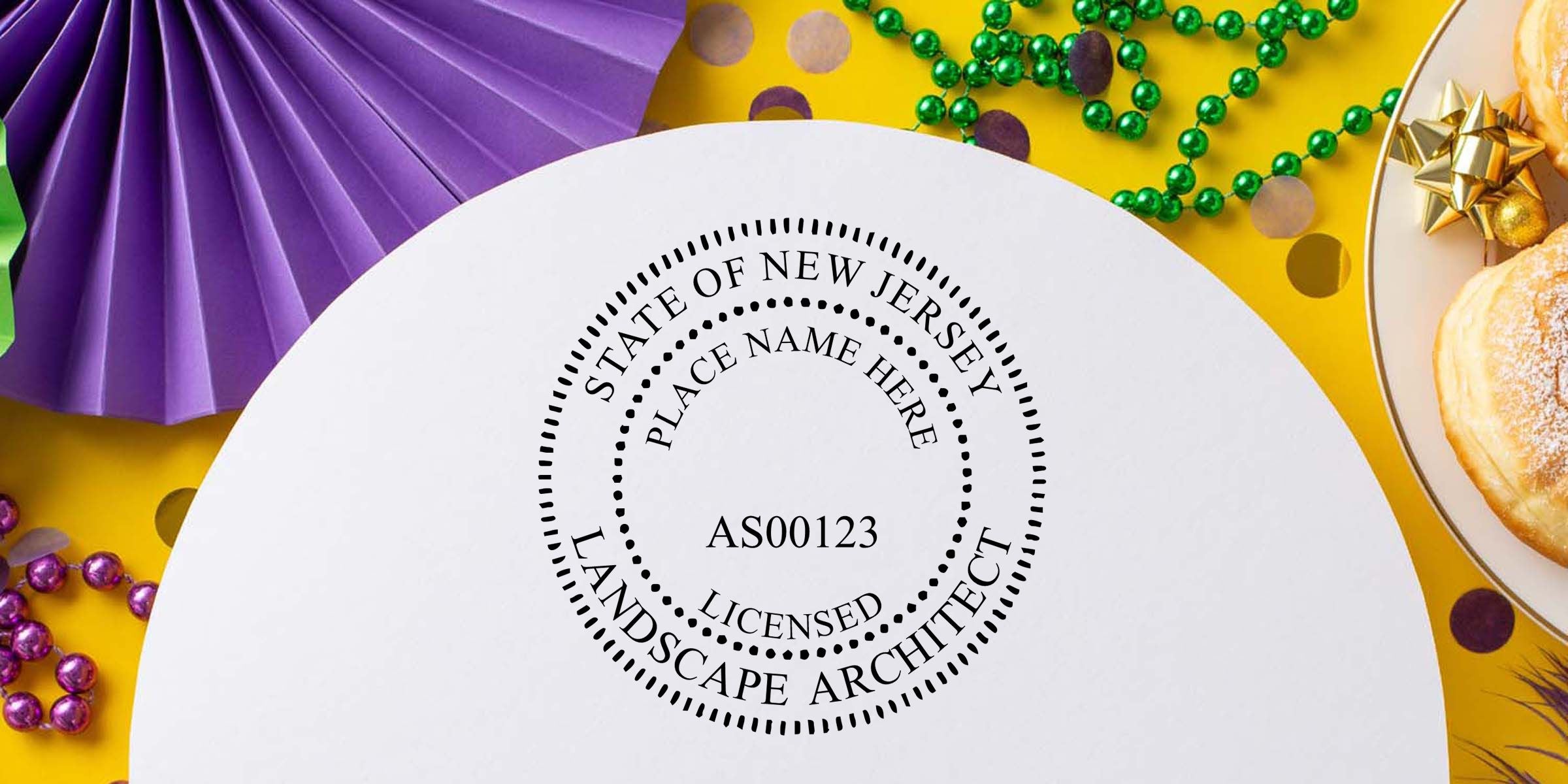 State of New Jersey licensed landscape architect seal on a Mardi Gras-themed table setting with purple, green, and gold decorations, beads, confetti, and pastries