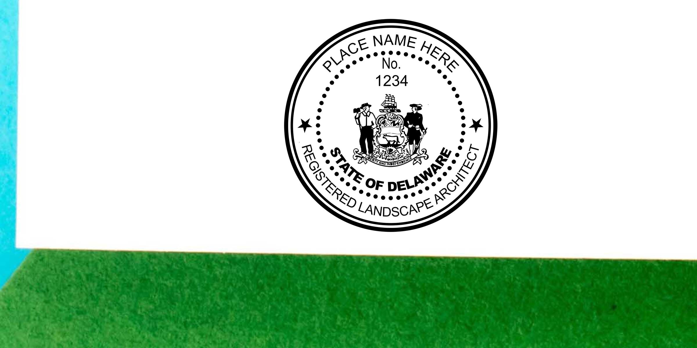 Delaware registered landscape architect seal with placeholder place name and license number 1234 on a white surface above green grass background