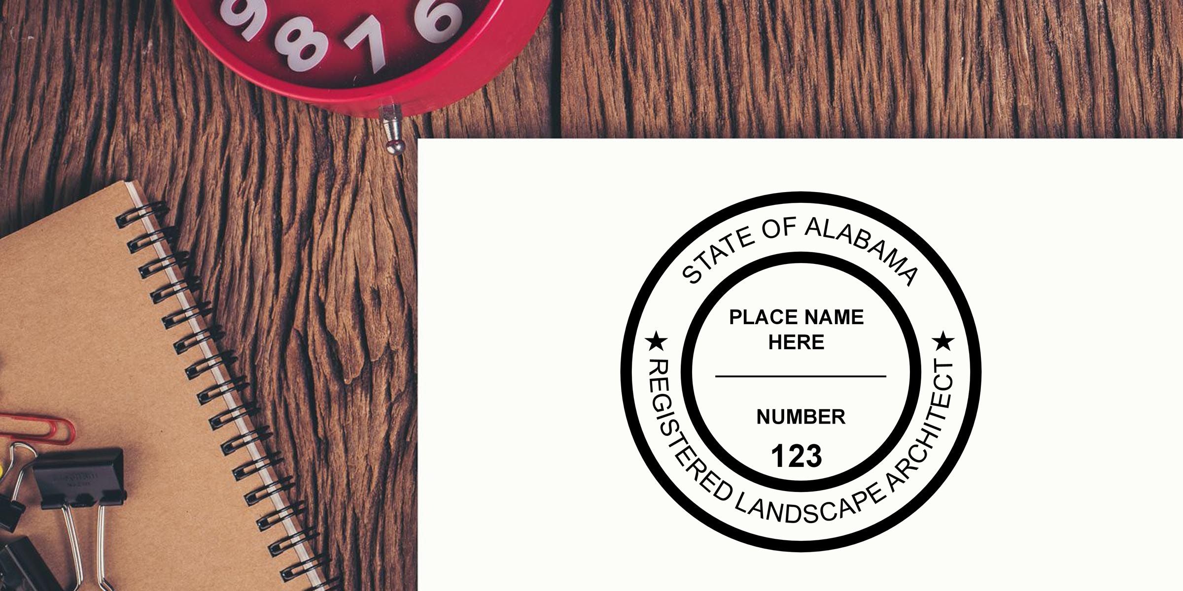 Alabama registered landscape architect seal mockup on white paper with desk supplies and wooden background, featuring customizable place name and number 123.