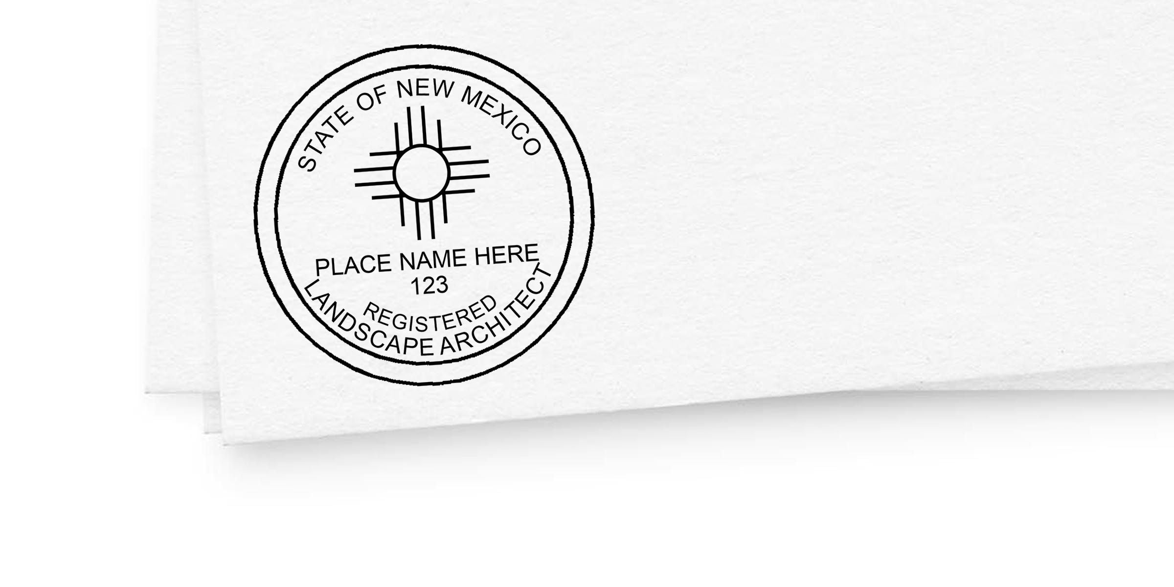 State of New Mexico registered landscape architect seal with sun symbol, “Place Name Here 123” text, and circular stamp design