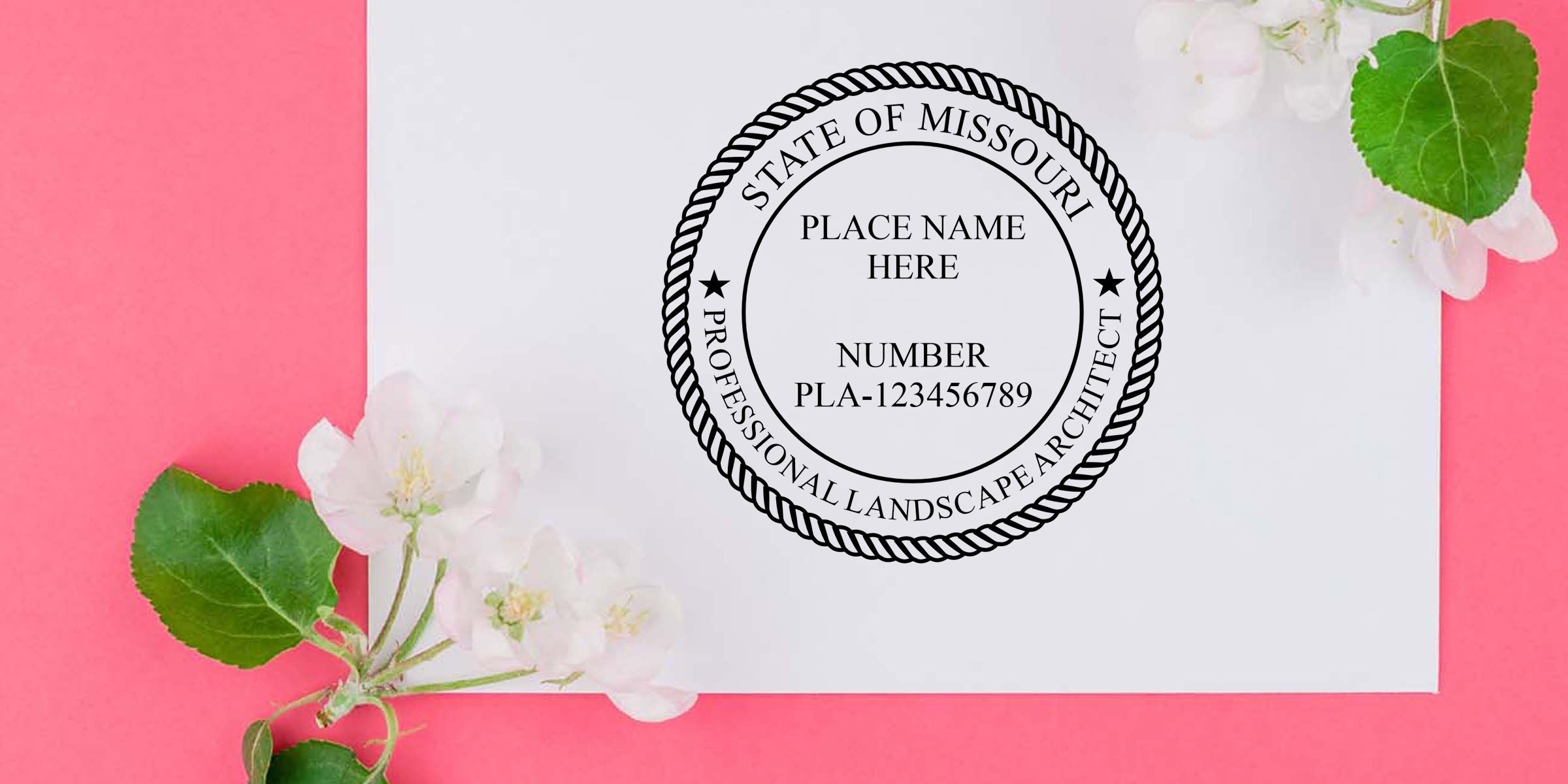 State of Missouri professional landscape architect seal template with place name and license number on white card, styled with pink background and floral accents