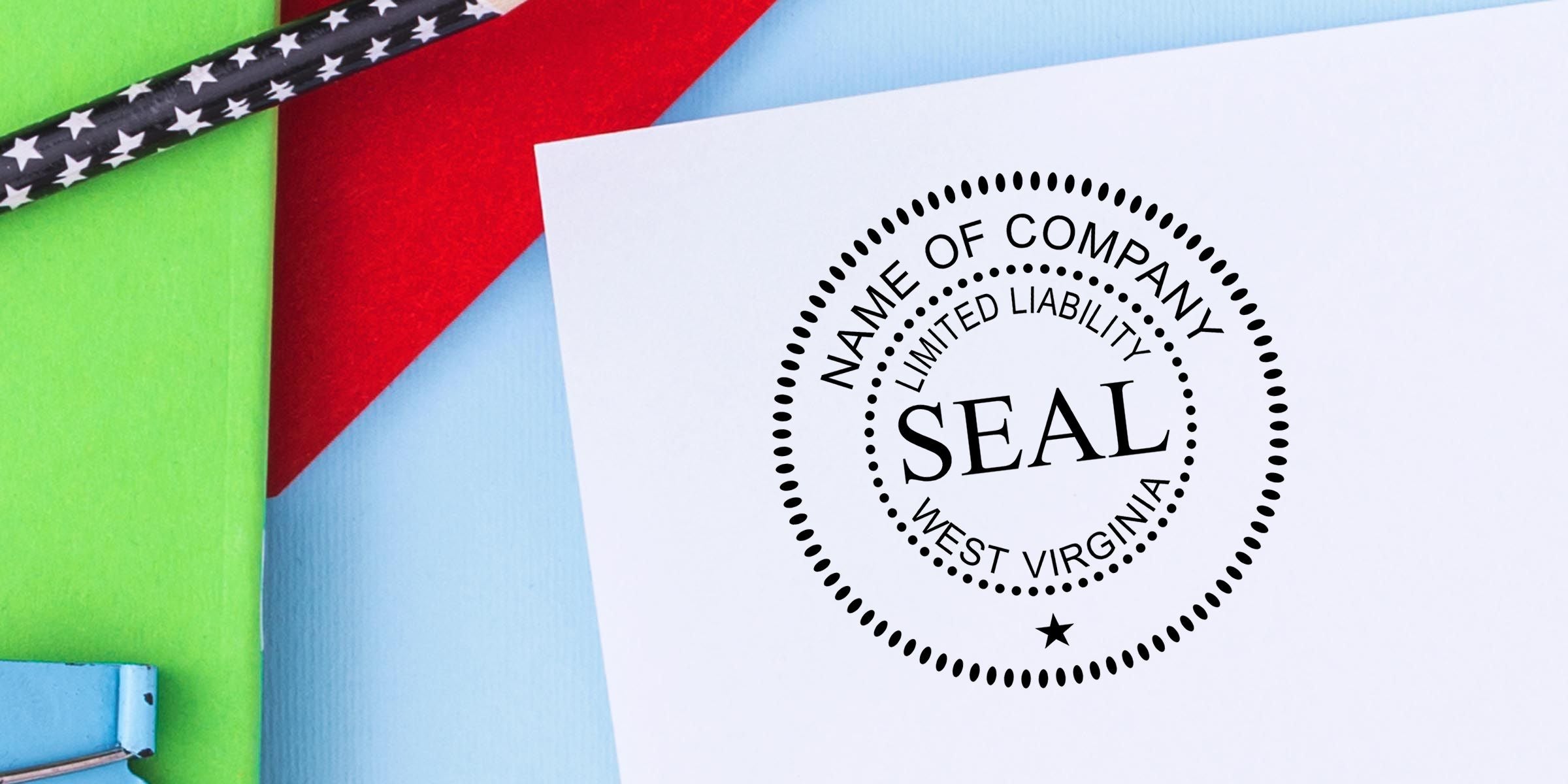 West Virginia limited liability company seal on white document with colorful background and American-themed design elements