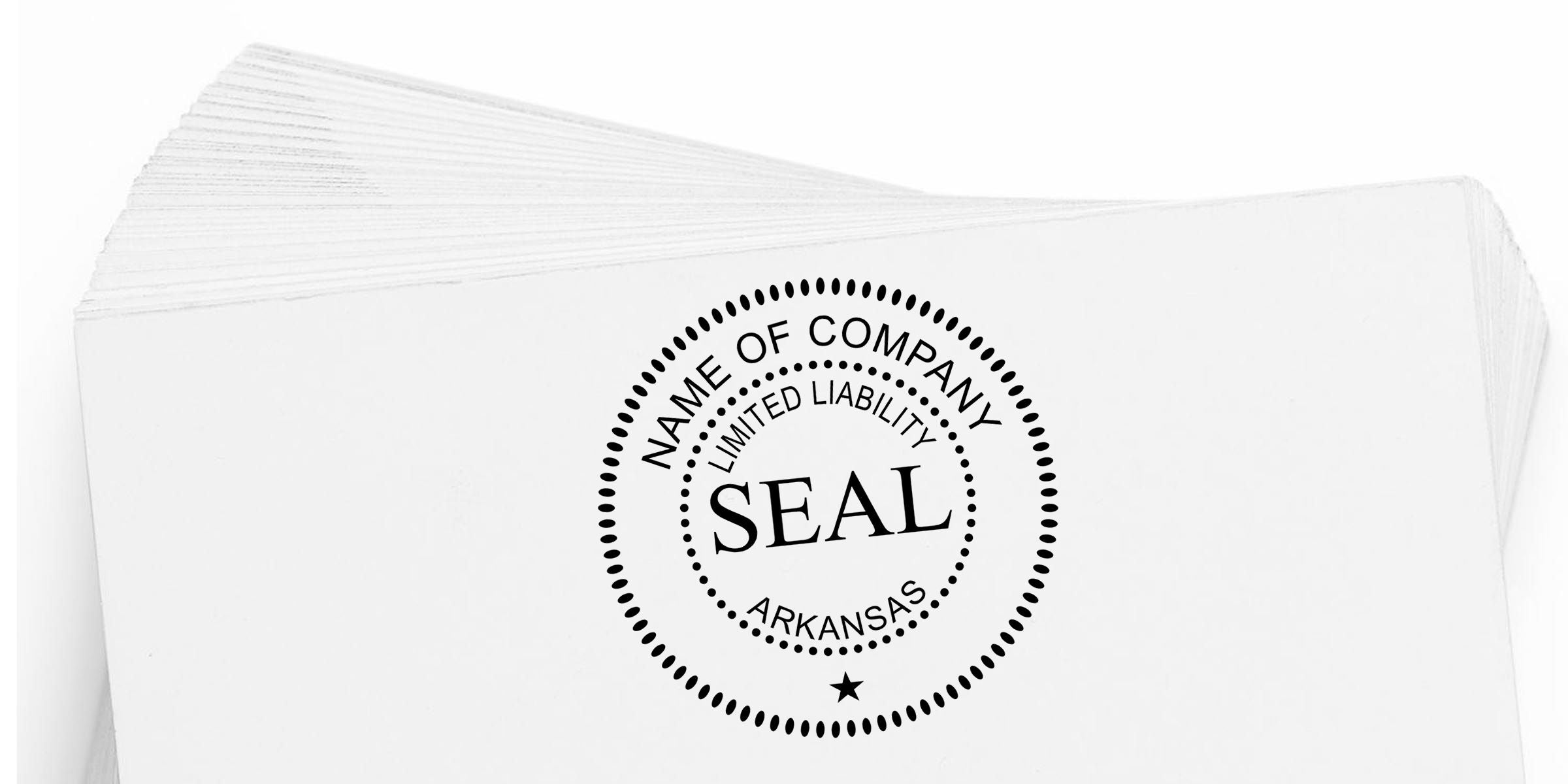 Stack of white business documents featuring an Arkansas limited liability company seal with “Name of Company” text and circular stamp design
