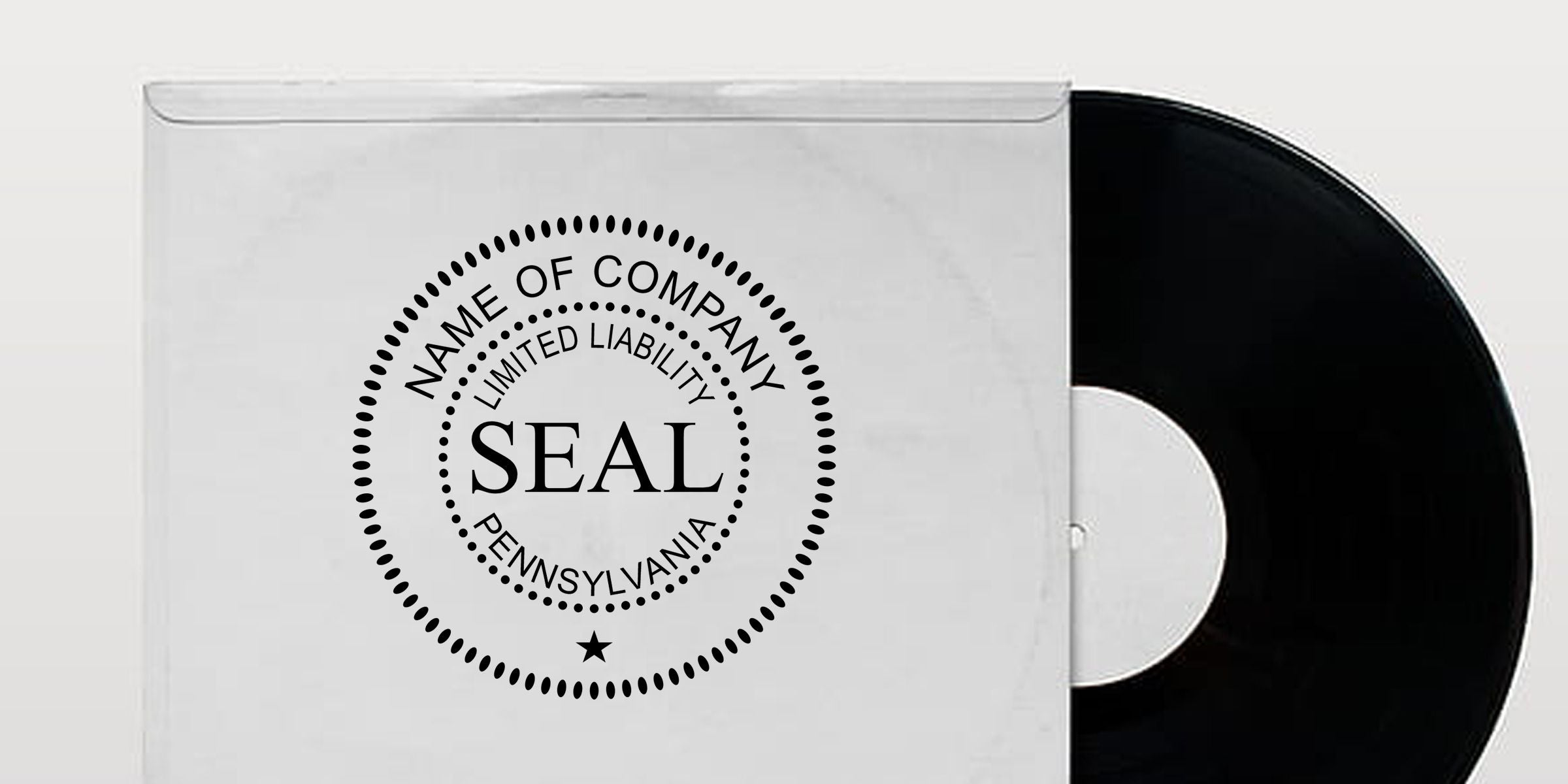 Custom vinyl record in a white sleeve featuring a Pennsylvania limited liability company seal design, with a black LP partially visible.
