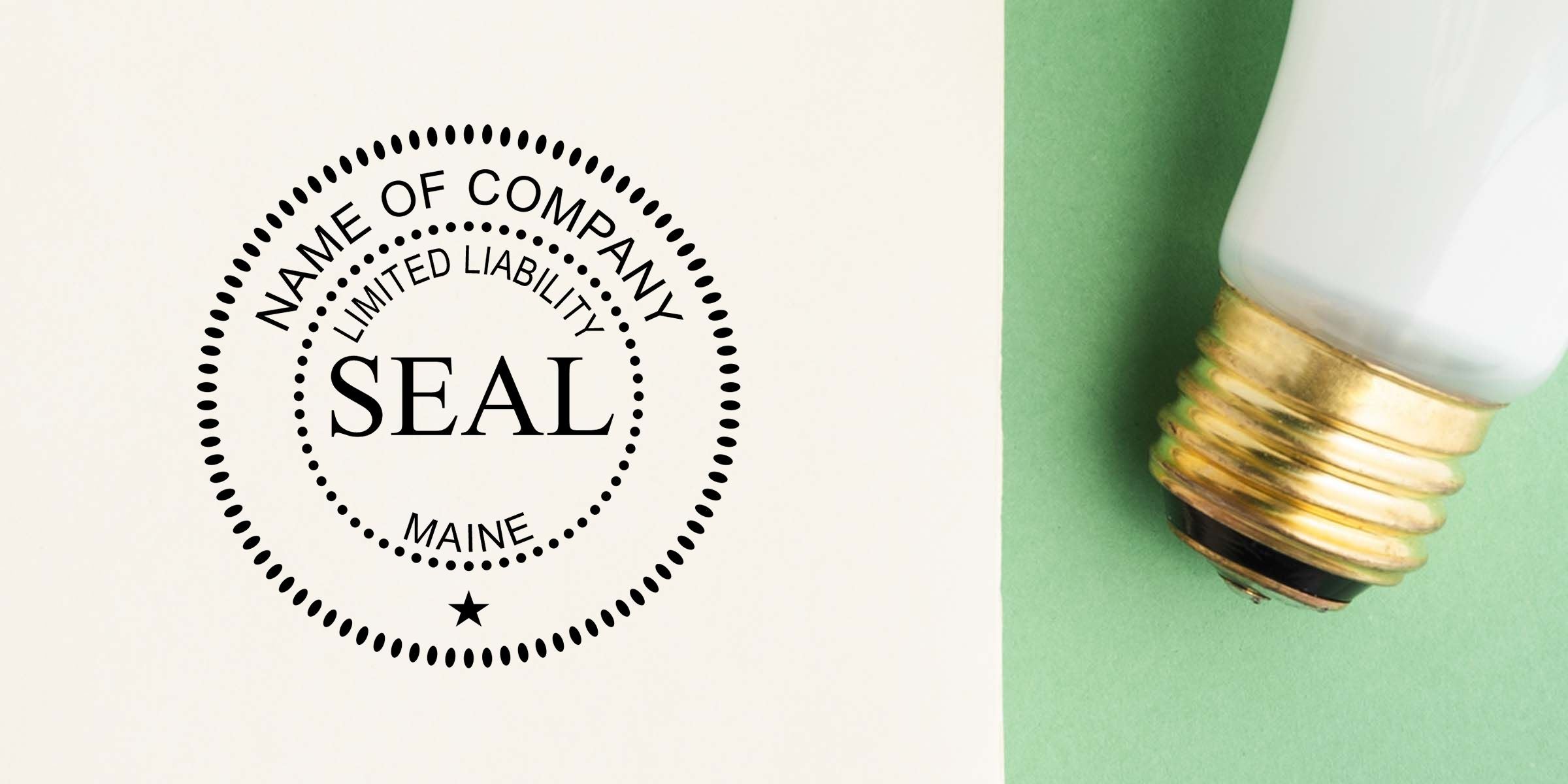 Company seal logo with “Name of Company Limited Liability Seal Maine” text beside a close-up light bulb base on a green and cream background