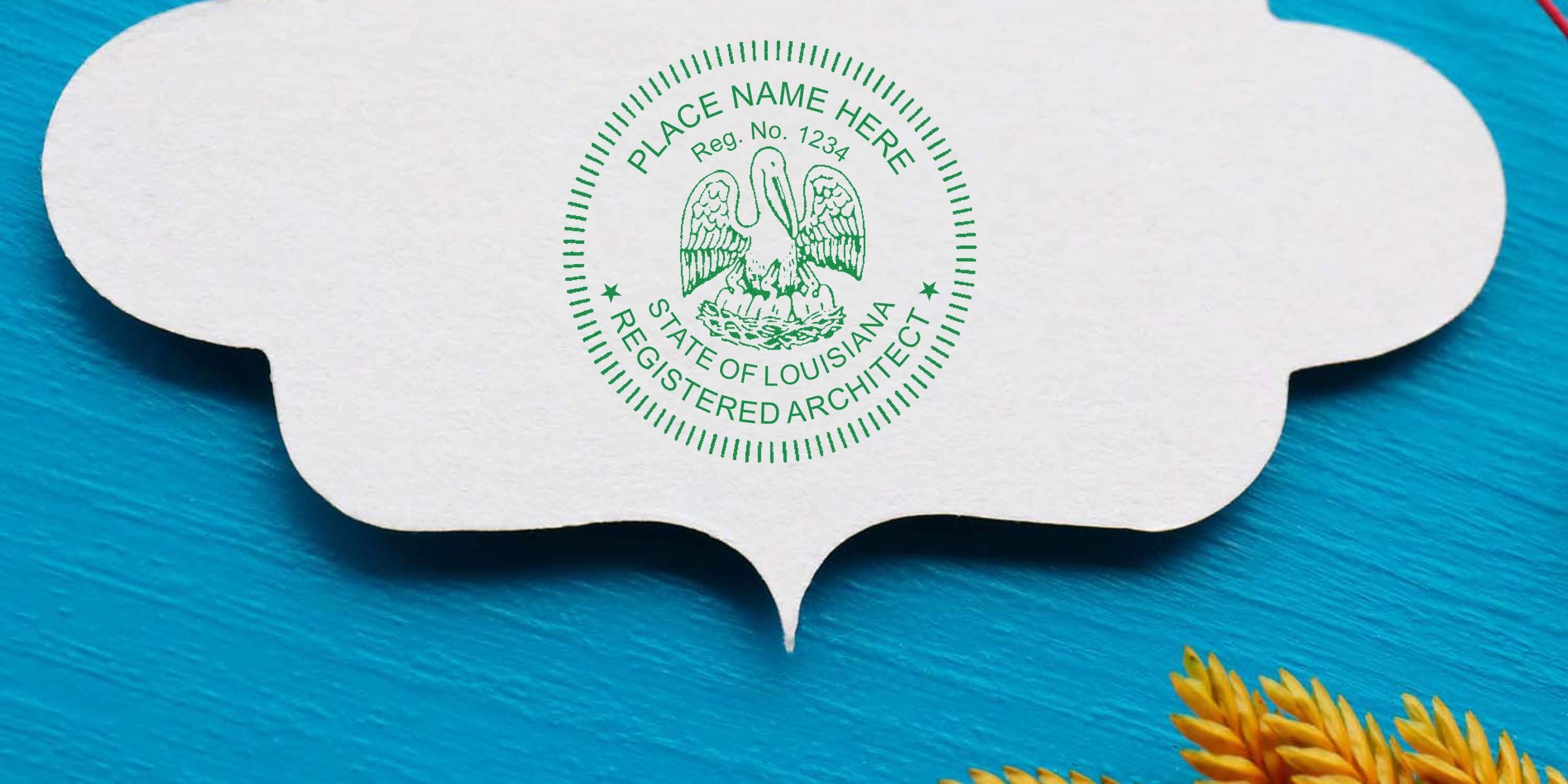 Louisiana architect stamp with a registered seal on white paper, set against a blue background with yellow wheat, symbolizing the architect stamp application process.