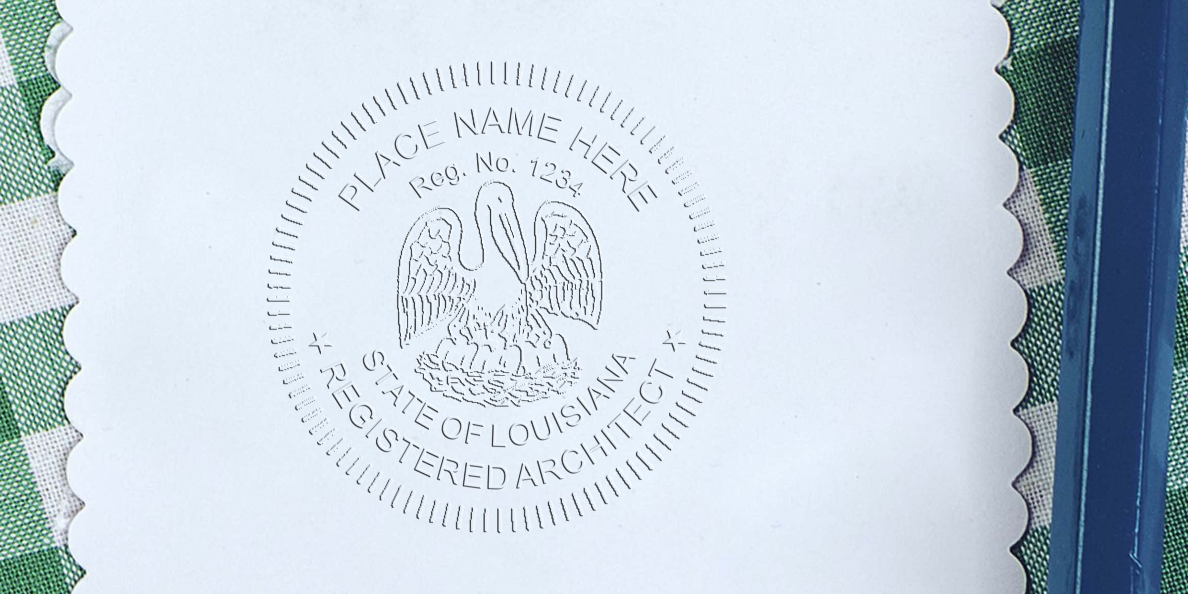 Embossed Louisiana architect seal on white paper with green checkered background, adhering to architect seal guidelines.