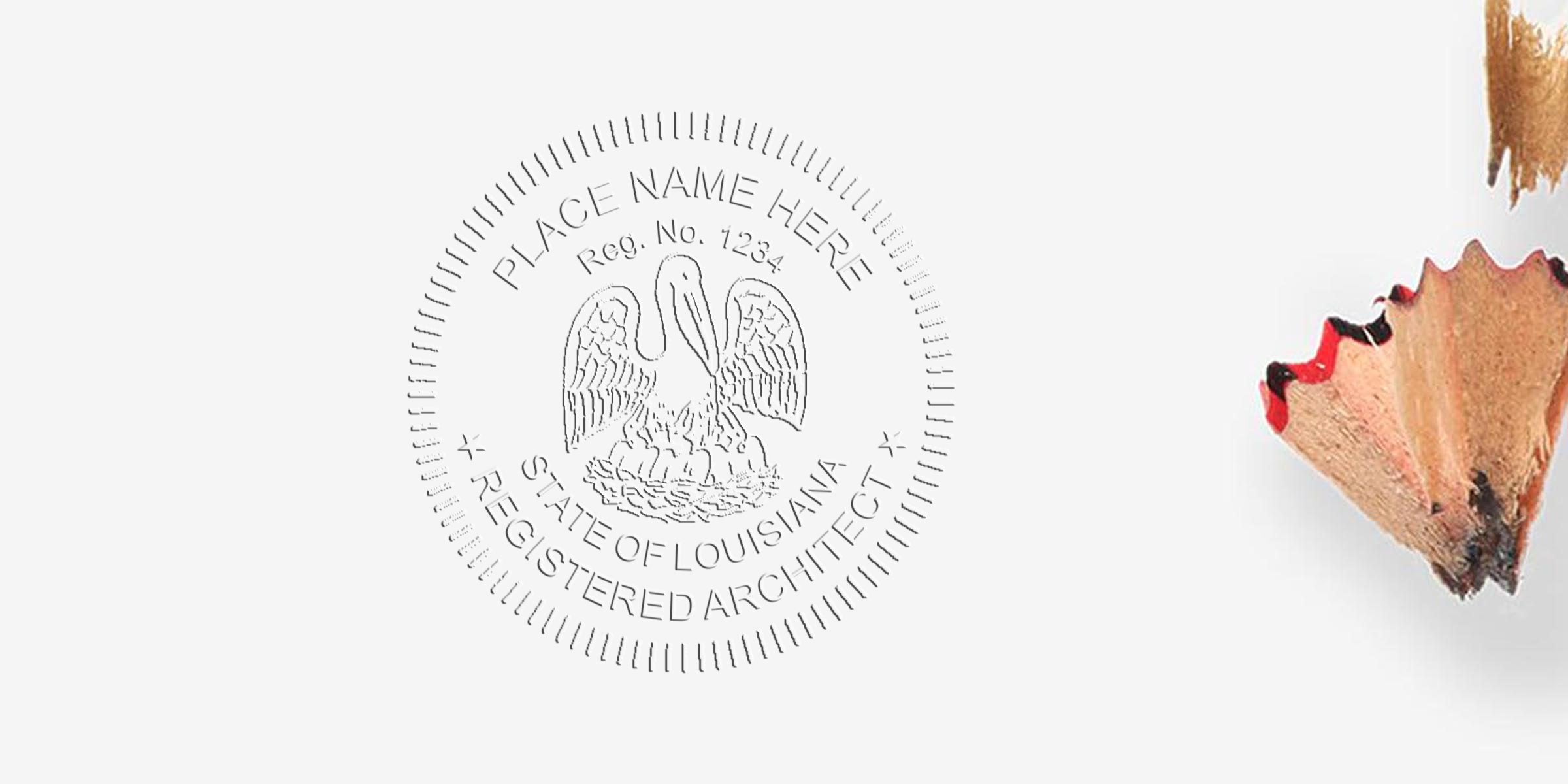 Embossed Louisiana architect seal on white paper with pencil shavings, showing Louisiana architect stamp rules and seal regulations.