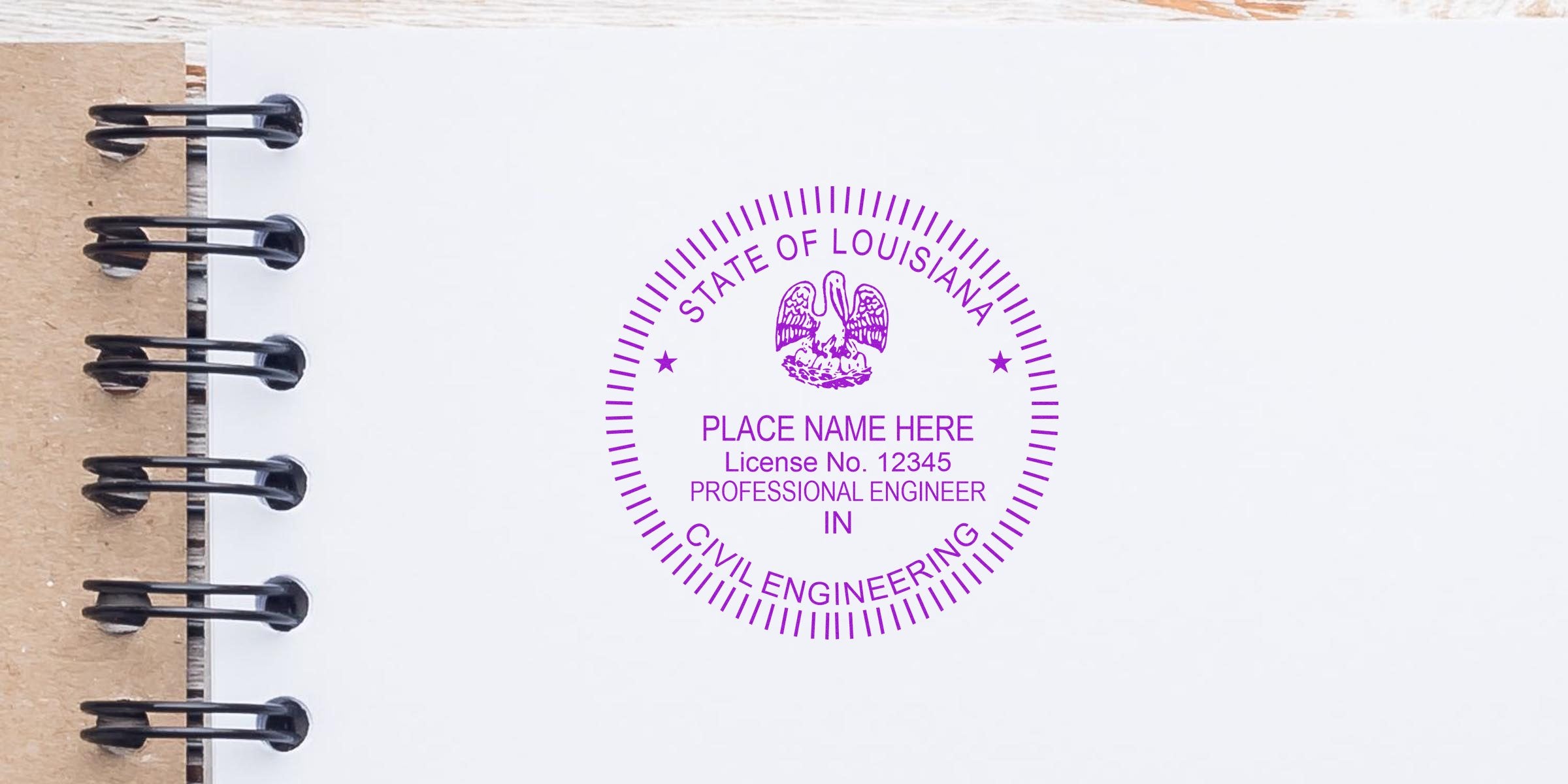Louisiana engineer stamp on white notebook for civil engineering license with online certification.