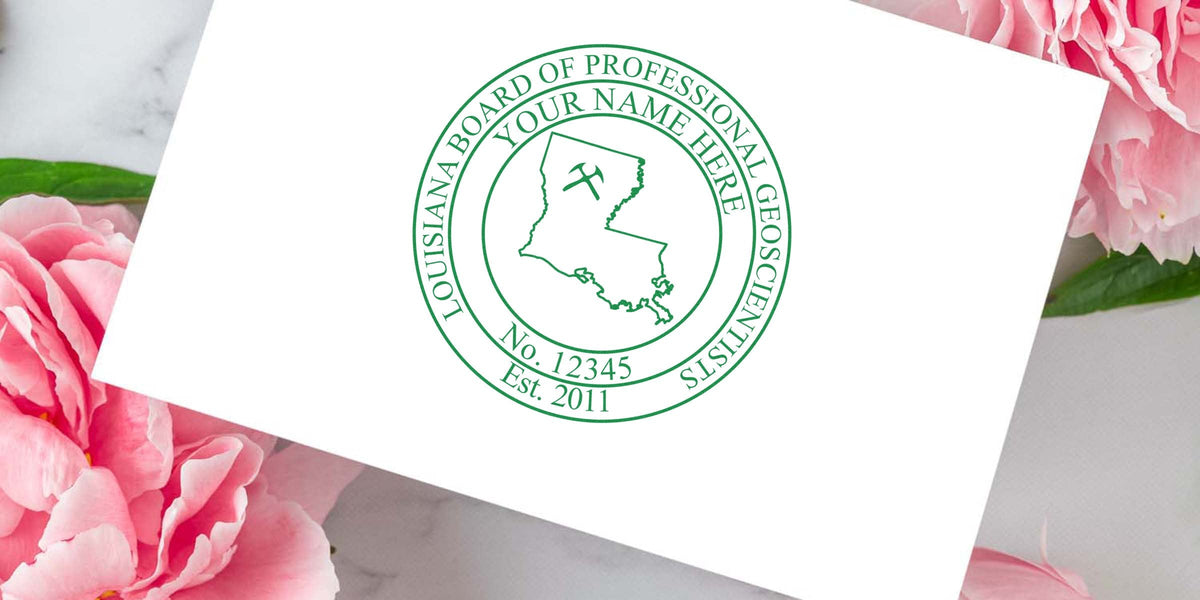 Custom Geologist Stamp with Louisiana Board of Professional Geoscientists seal on white paper, framed by pink flowers, representing a Louisiana Geologist Stamp.