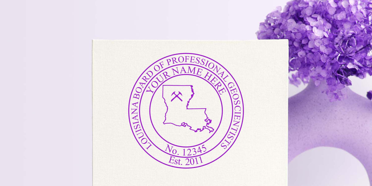 Louisiana Professional Geologist Seal with state map and mining tools in purple ink, symbolizing the Geologist Seal Process Louisiana.