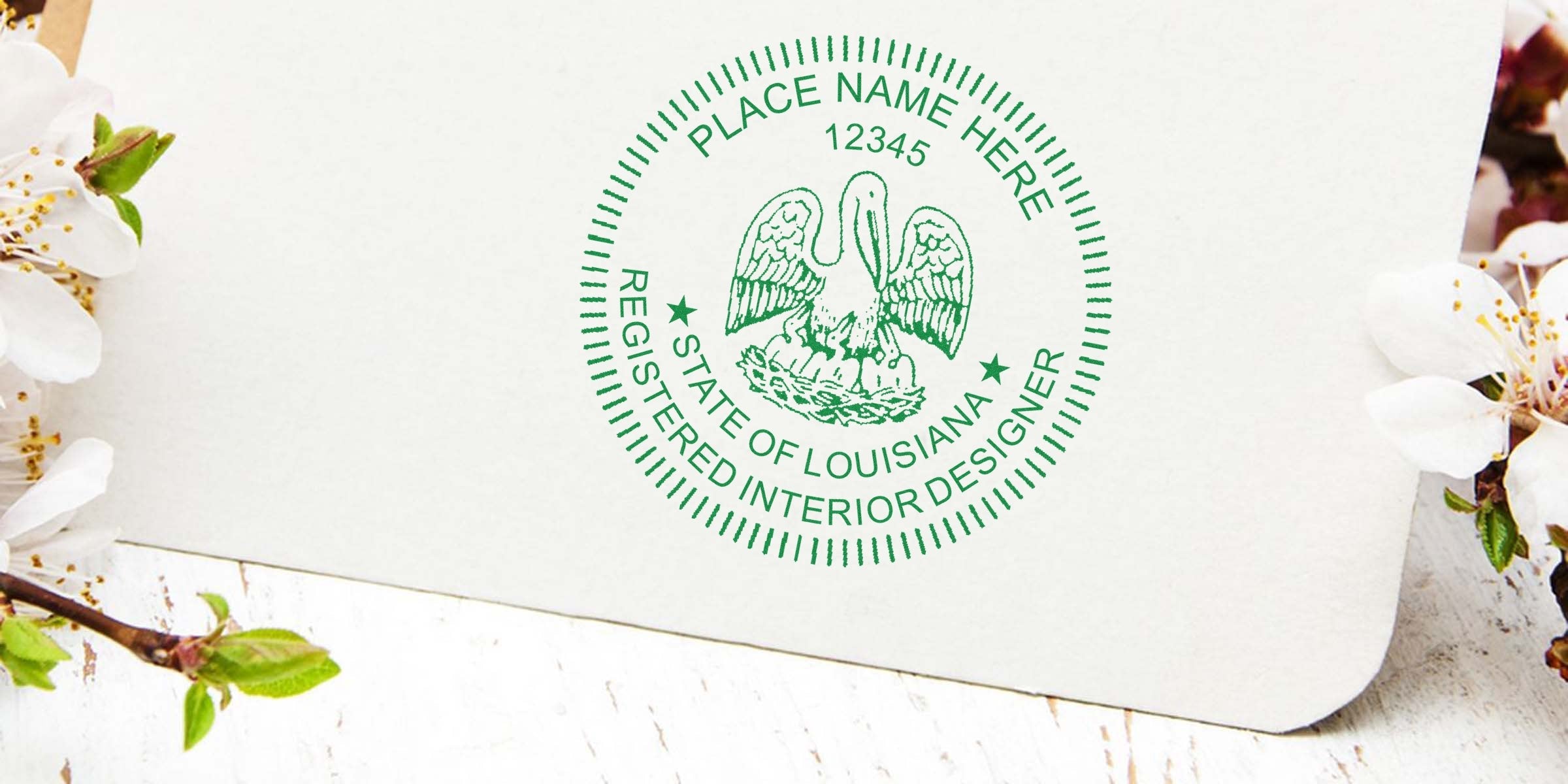Louisiana registered interior designer seal on white paper with floral design, featuring Louisiana interior designer stamps available for purchase online.