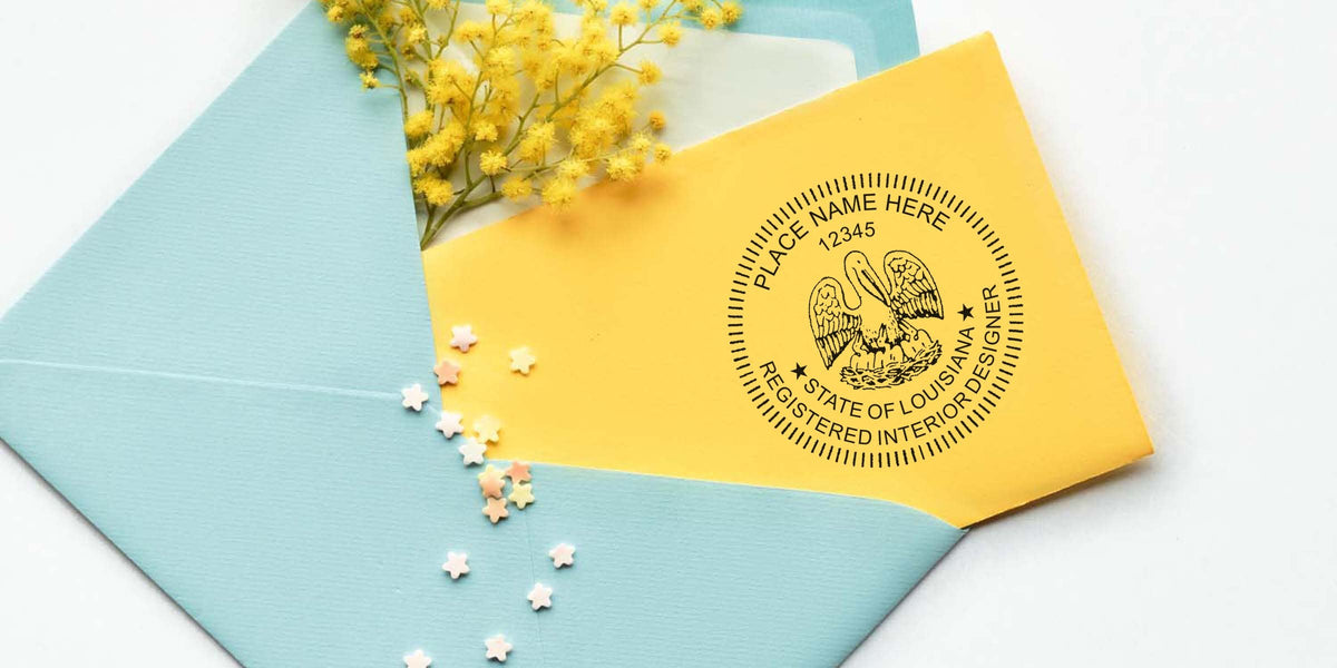 Yellow envelope with Louisiana Interior Designer Stamp and seal inside a blue envelope, surrounded by yellow flowers and star confetti, symbolizing Louisiana Interior Design Certification.