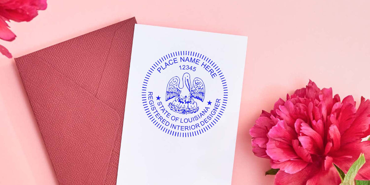 Louisiana interior designer seal on white card with red envelope and pink flowers, symbolizing interior design certification in Louisiana.