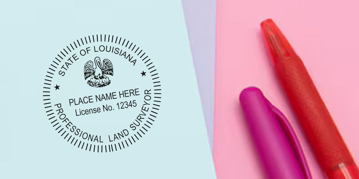 Louisiana land surveyor stamp with license number and colorful pens on a pastel background, illustrating embossing requirements for land surveyors.