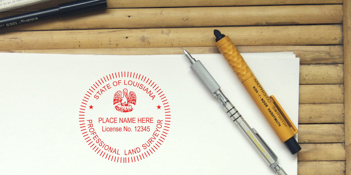 Louisiana professional land surveyor stamp with license number on paper, next to a mechanical pencil and yellow marker, highlighting land surveyor fees and stamp cost budgeting.