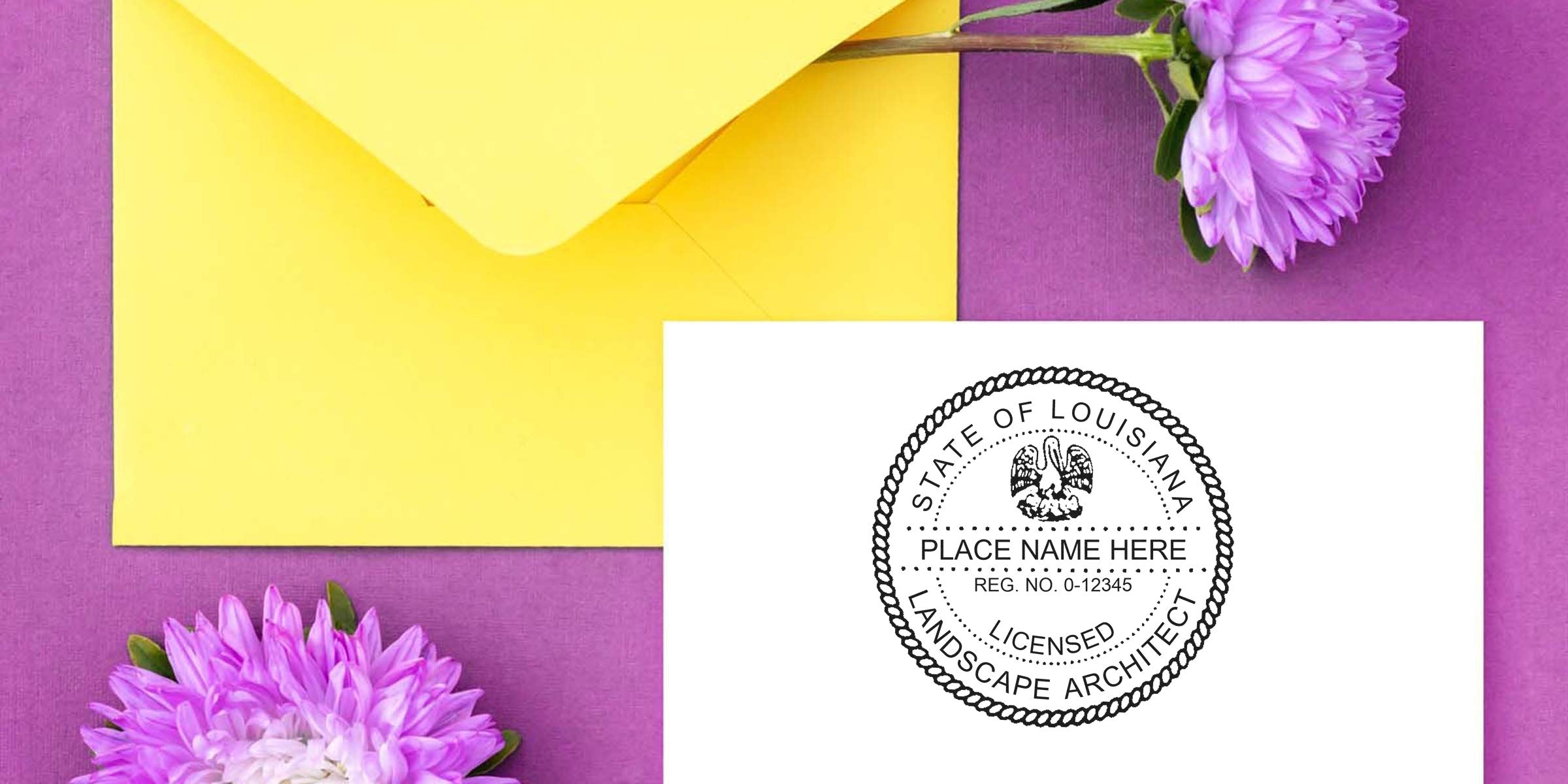 Louisiana landscape architect seal on white card, yellow envelope, and purple flowers against a purple background.