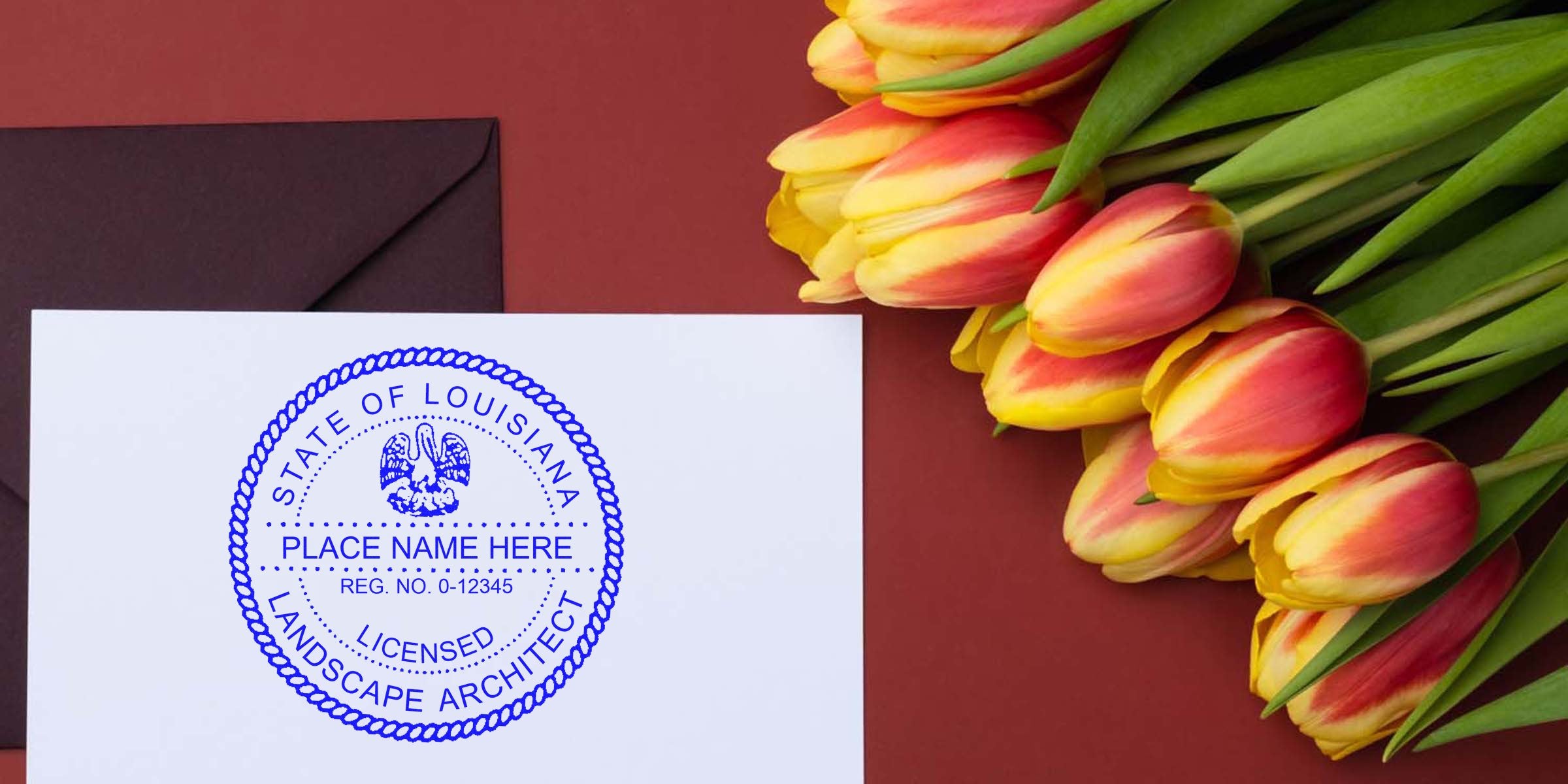 Louisiana Landscape Architect Seal on white paper with yellow and red tulips, set against a red background, illustrating the Seal Order Process.