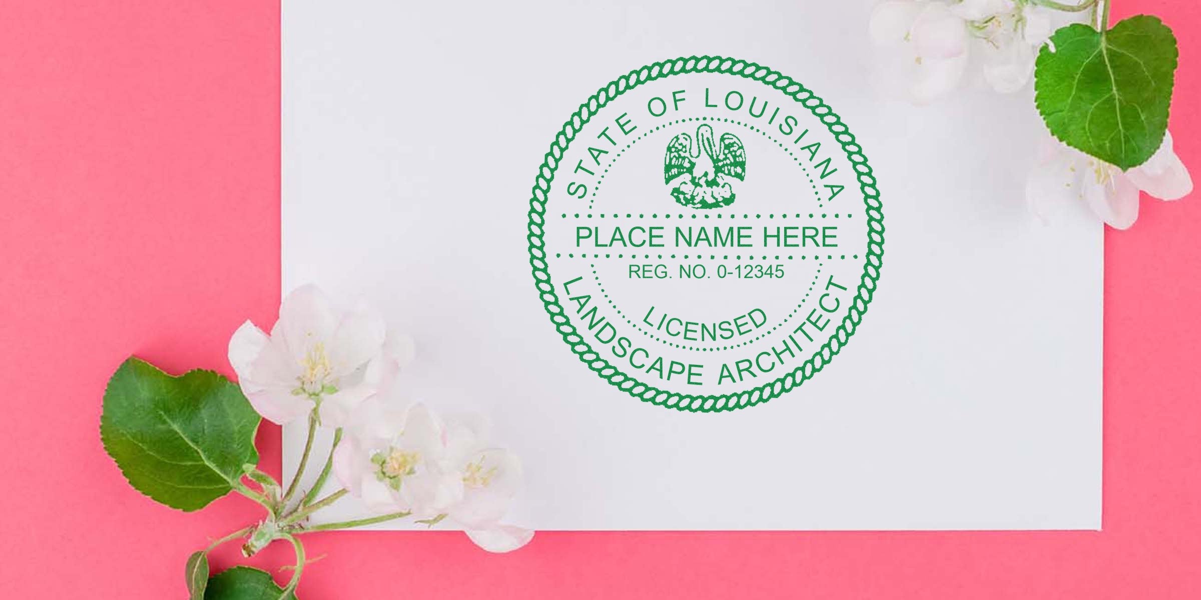 Louisiana landscape architect stamp on white paper with flowers and leaves on a pink background, symbolizing Louisiana landscape architect licensing.