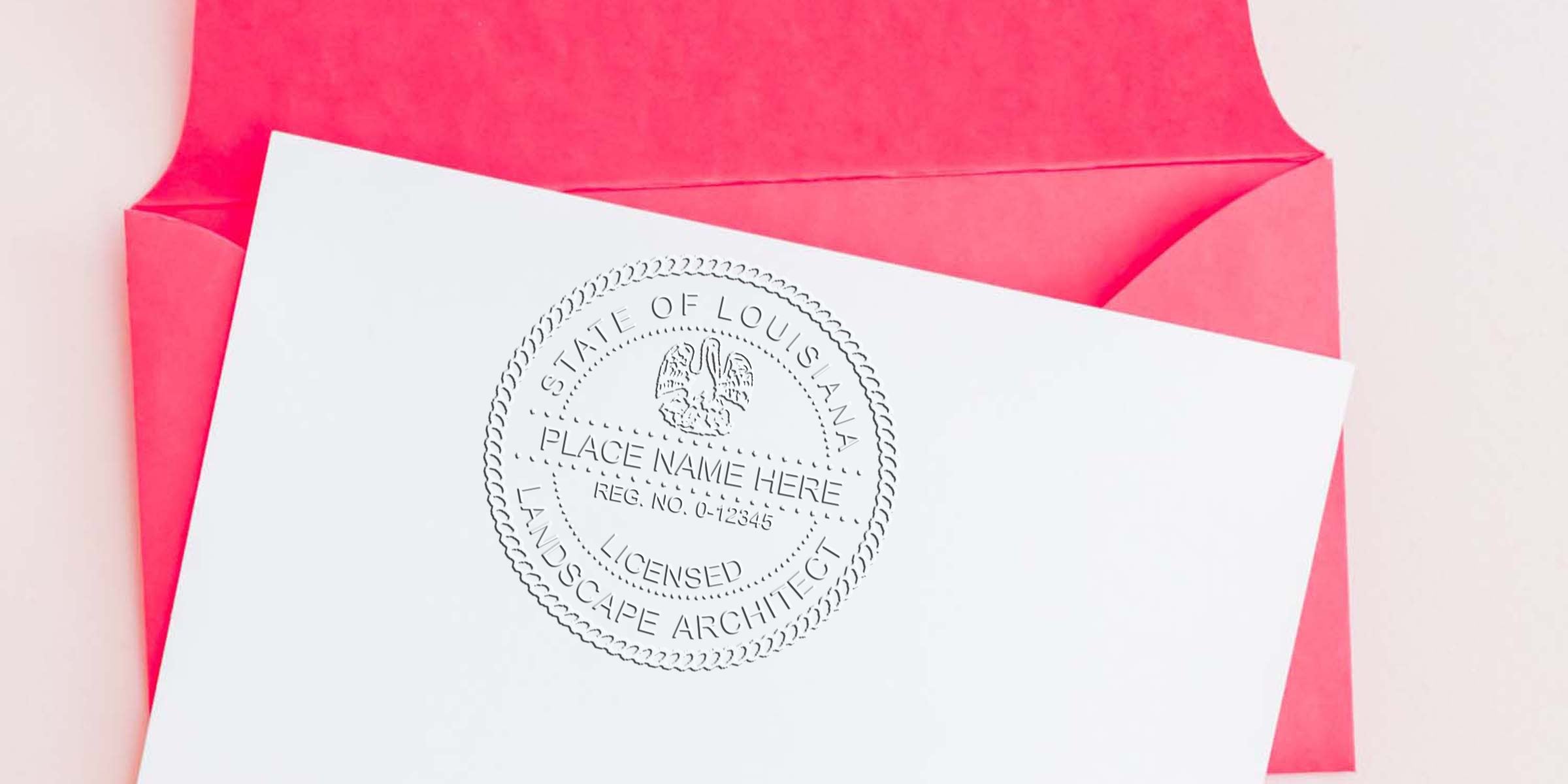 Louisiana landscape architect seal embossed on white paper with a pink envelope background, showing the official Louisiana landscape architect stamp.