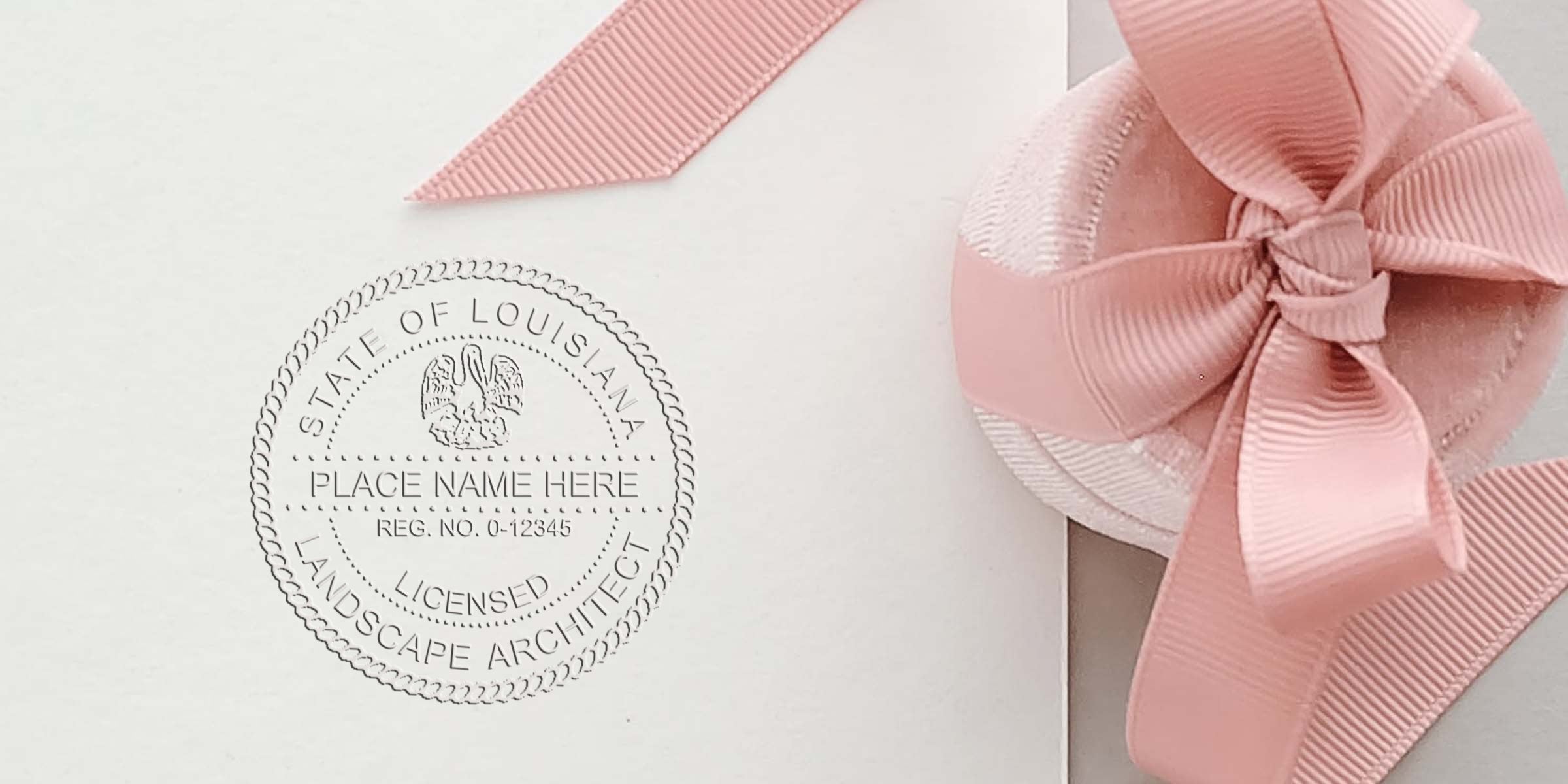 Louisiana landscape architect seal on white paper with a pink ribbon bow, symbolizing licensed landscape architect certification in Louisiana.