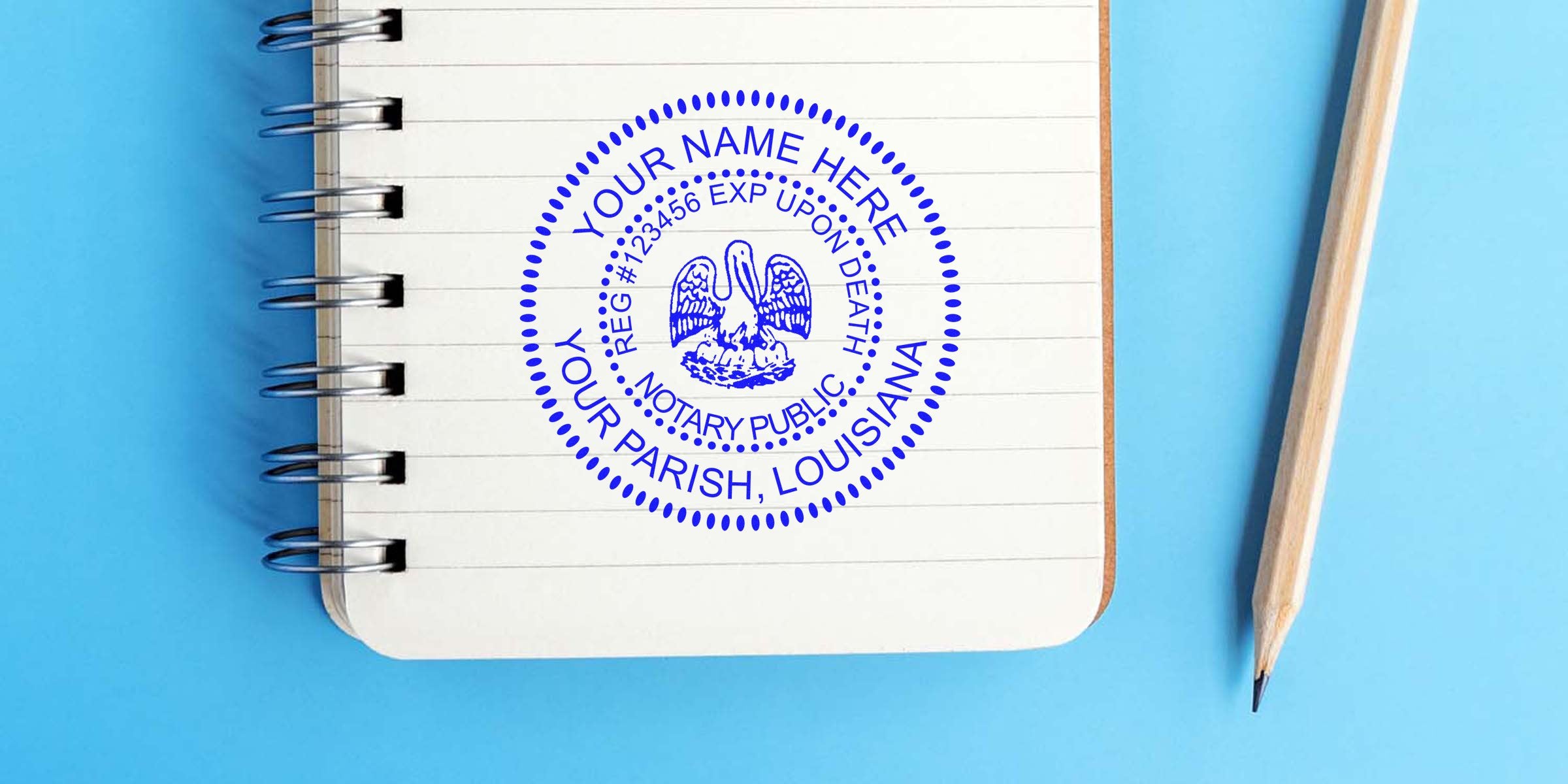 Louisiana notary public stamp on notebook with pencil, showing official notary seal for legal documents, highlighting Louisiana notary stamp law and requirements.