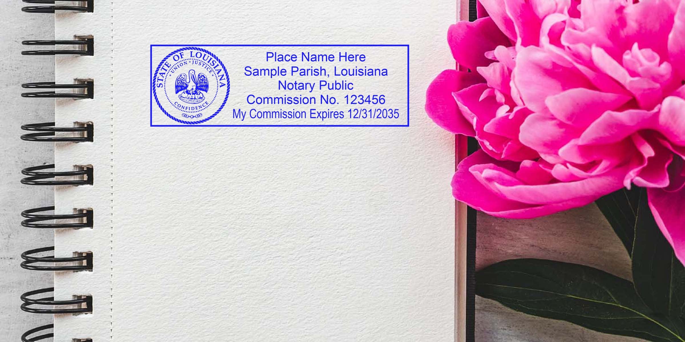 Notary stamp shows Louisiana commission on a notebook page with a pink peony, highlighting Louisiana notary requirements.
