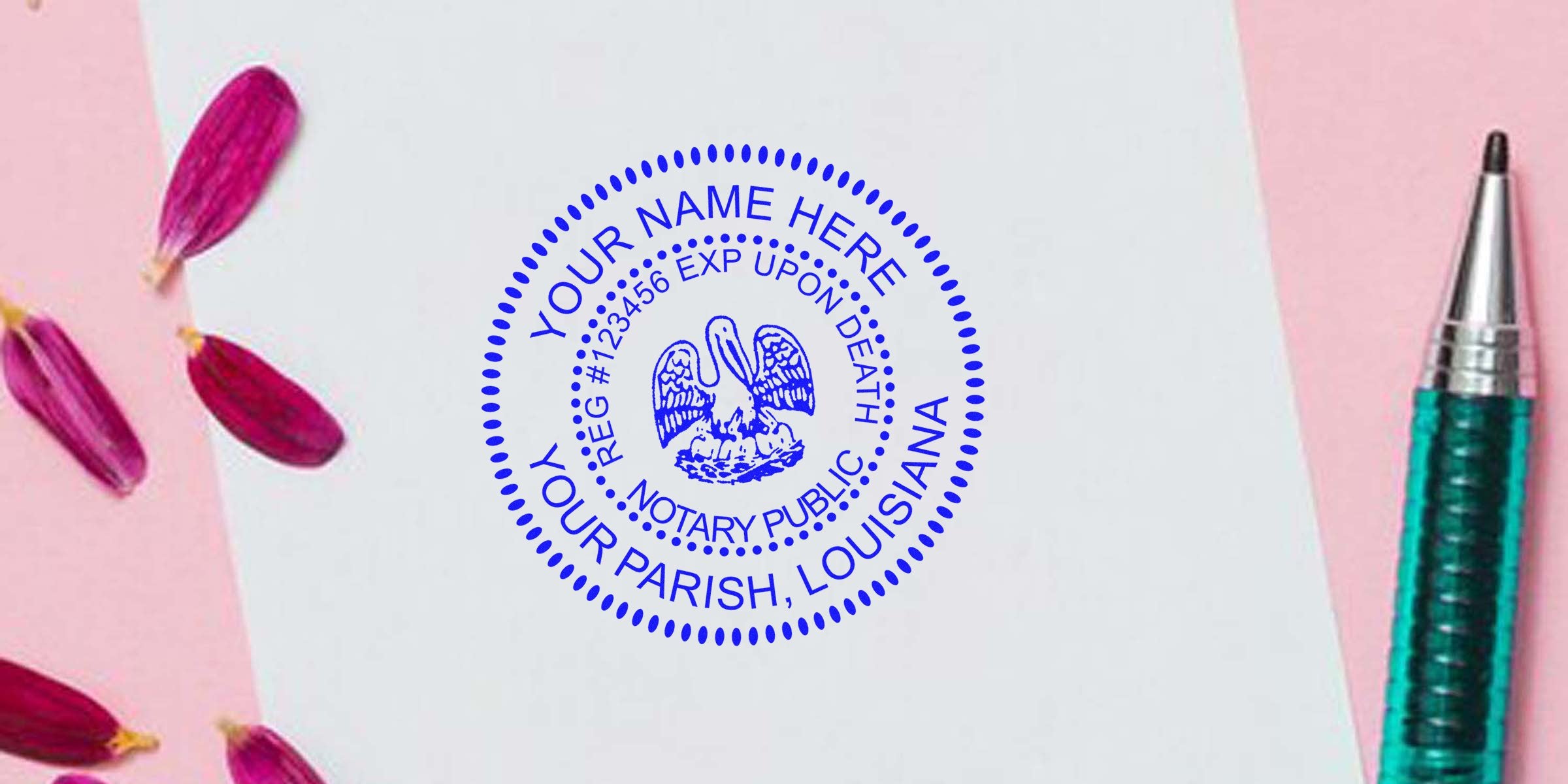Louisiana notary seal with pelican emblem on white paper, next to pen and flower petals, following Louisiana notary public rules.