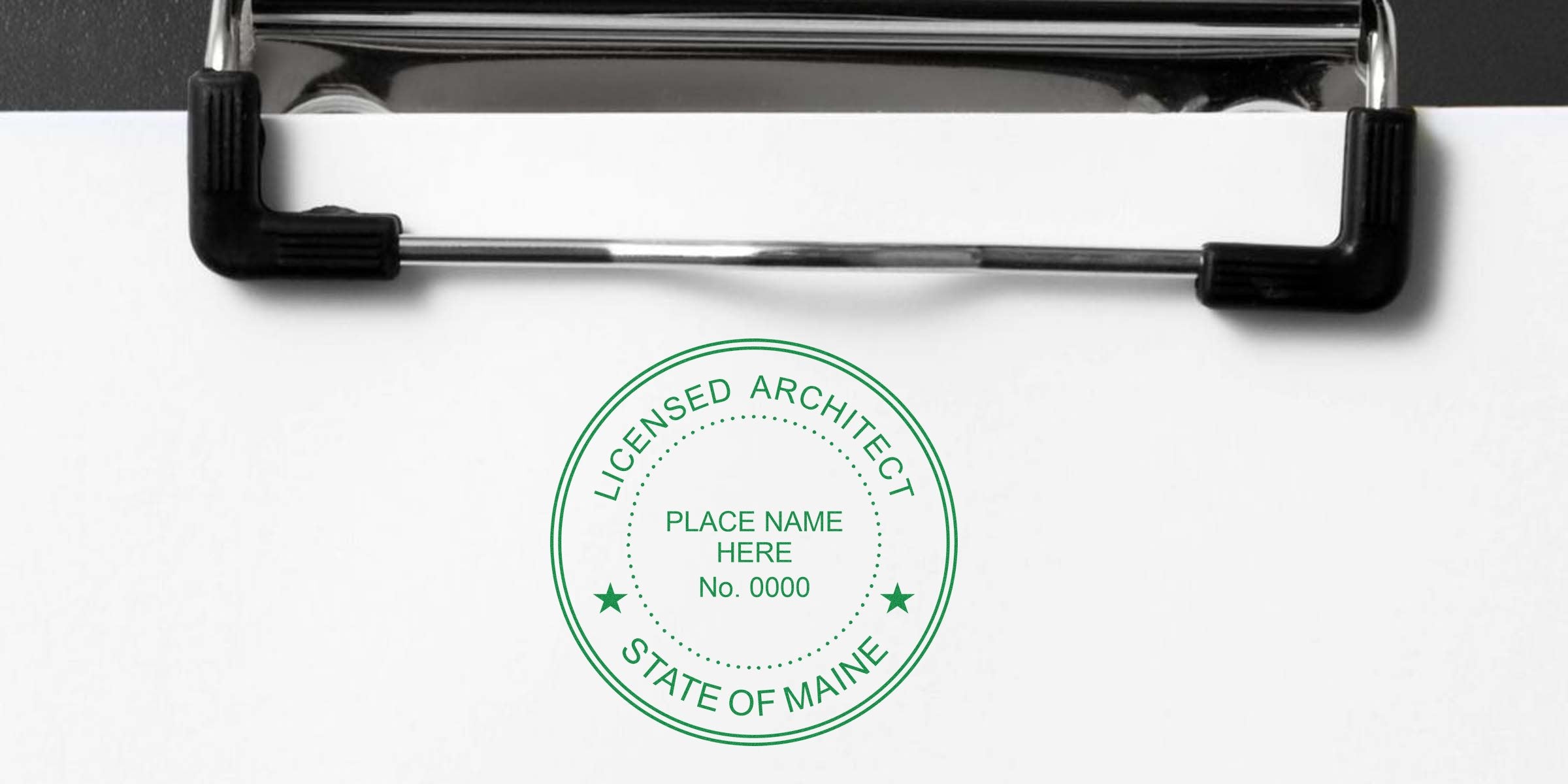 Licensed architect stamp on clipboard paper shows Maine architect seal, highlighting certification, stamp requirements, and common pitfalls for architects in Maine.