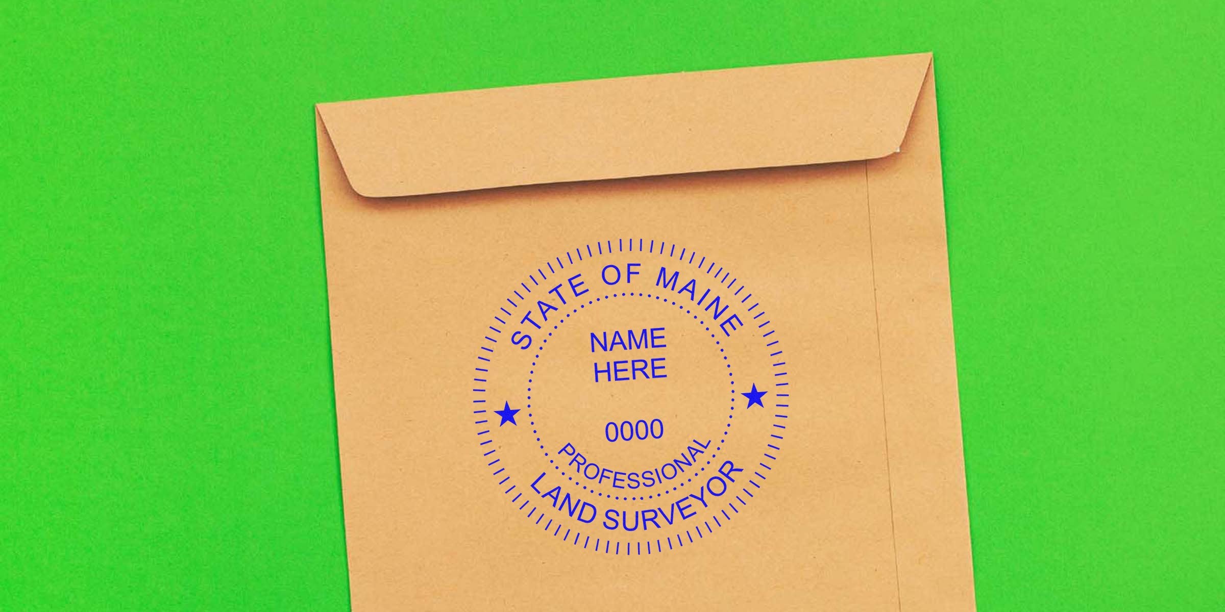 Maine land surveyor stamp on brown envelope against green background, displaying land surveyor certification from Maine.
