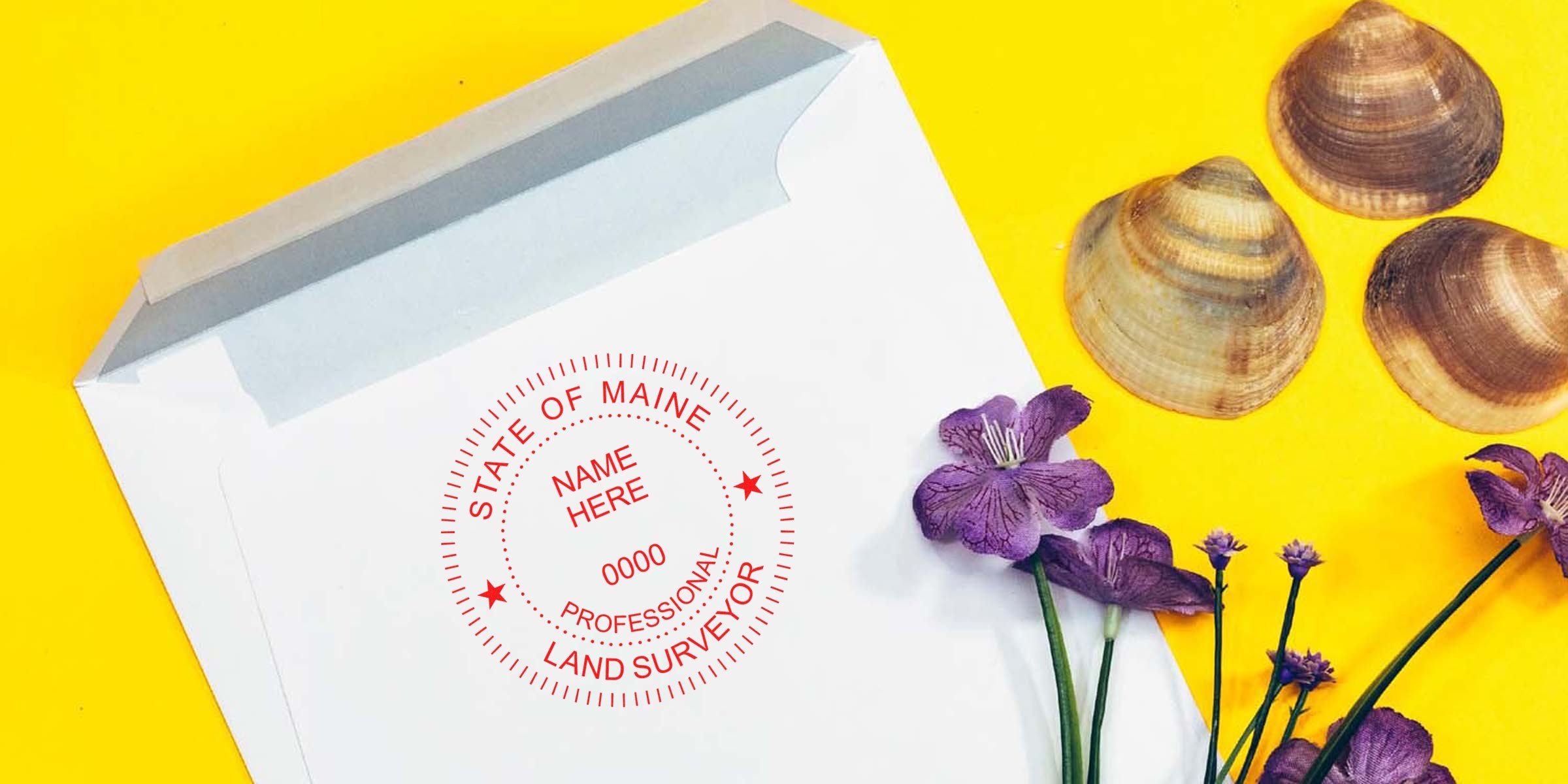 White envelope with Maine land surveyor seal, surrounded by purple flowers and seashells on a yellow background, illustrating the land surveyor seal template process.