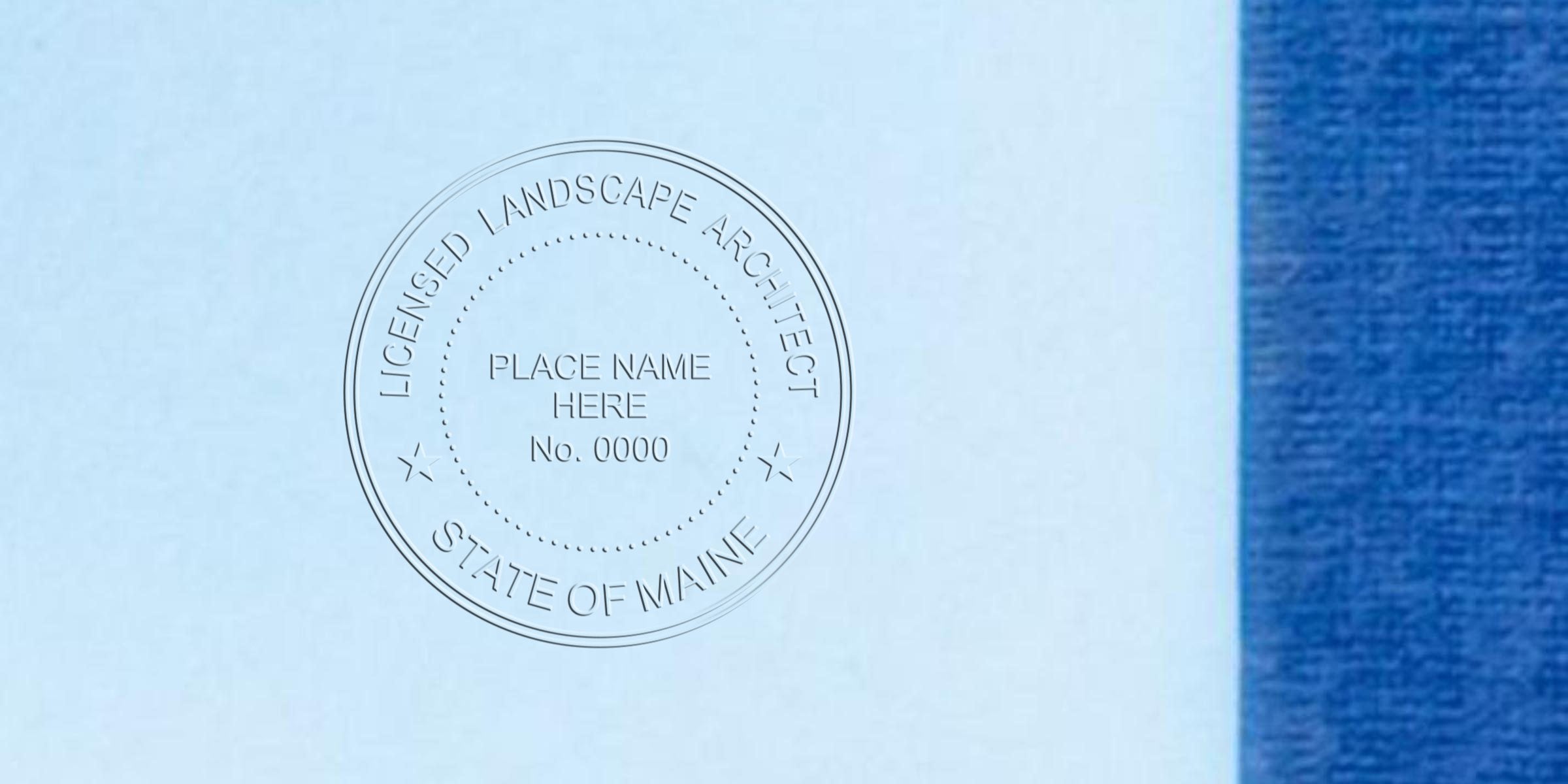 Embossed Maine landscape architect seal on blue paper, displaying official certification and highlighting the chosen landscape architect embosser.