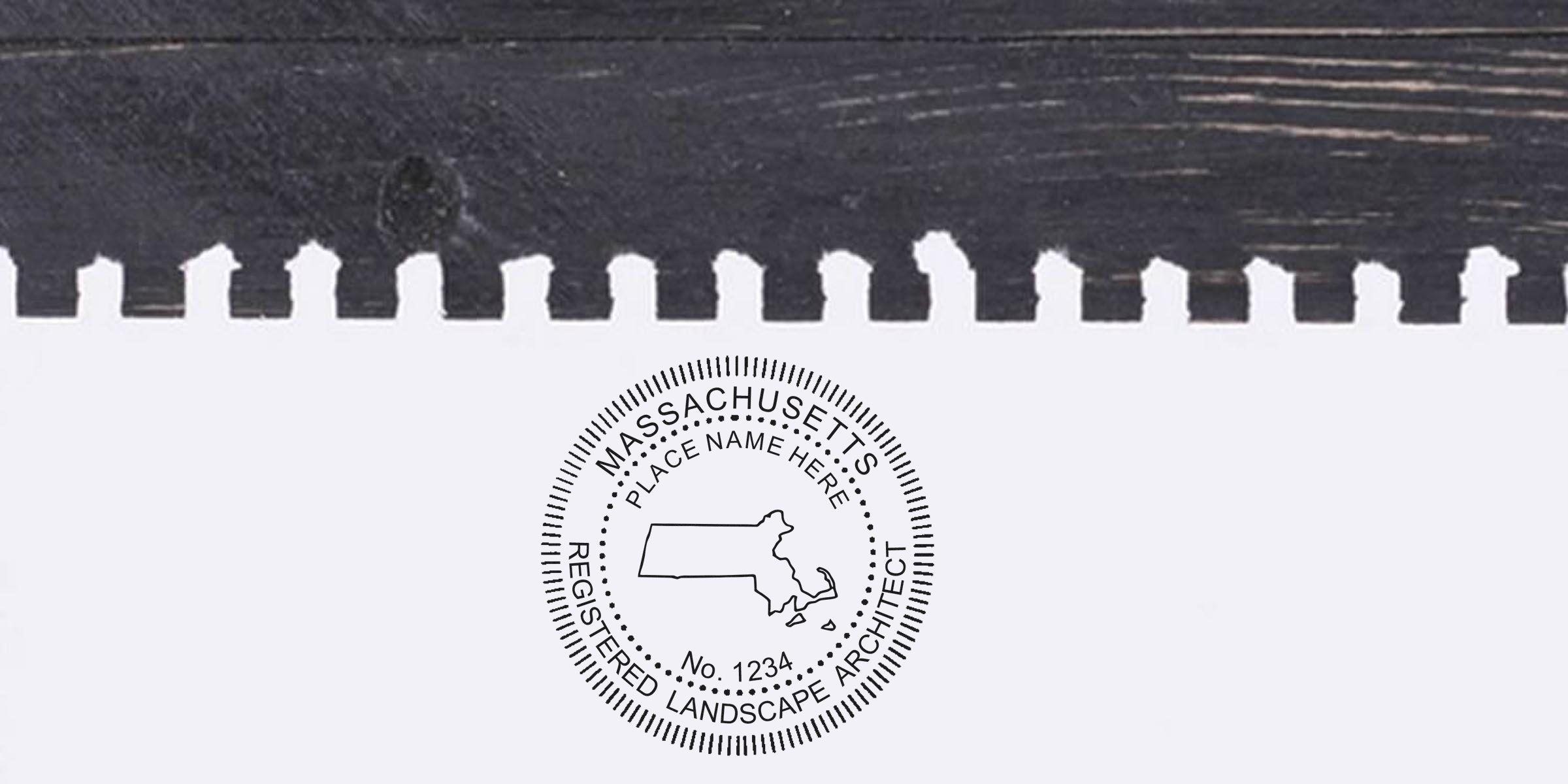 Massachusetts landscape architect seal on white paper with black wood background, showing Maine architect details and online stamp guide.