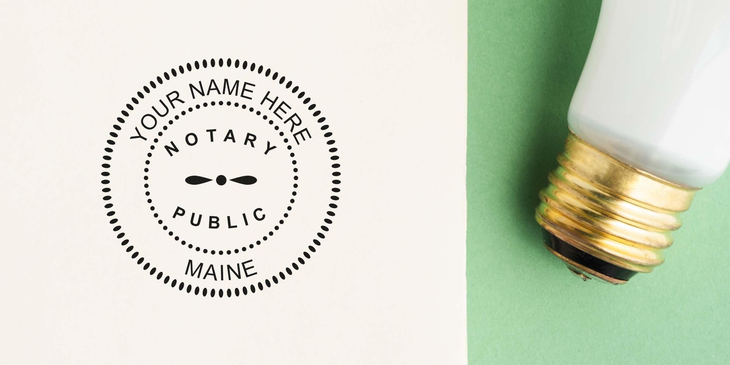 Maine notary seal featuring a light bulb on a green background, symbolizing Maine notary seal requirements.