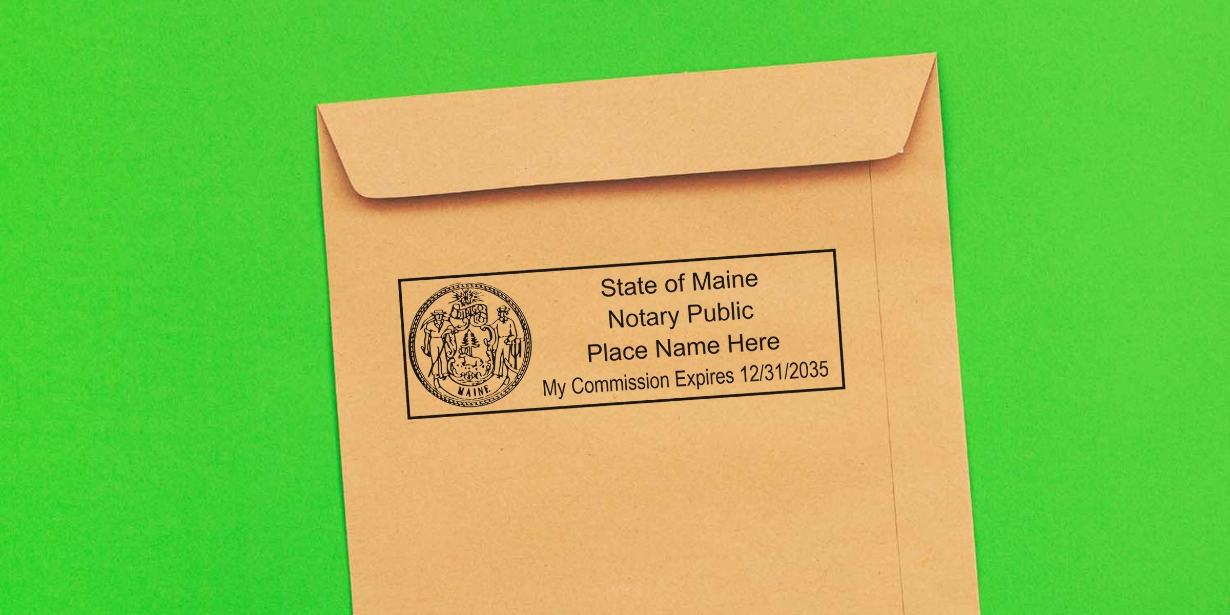 ME Notary Stamp on brown envelope displaying commission expiration date, symbolizing trusted notary services.