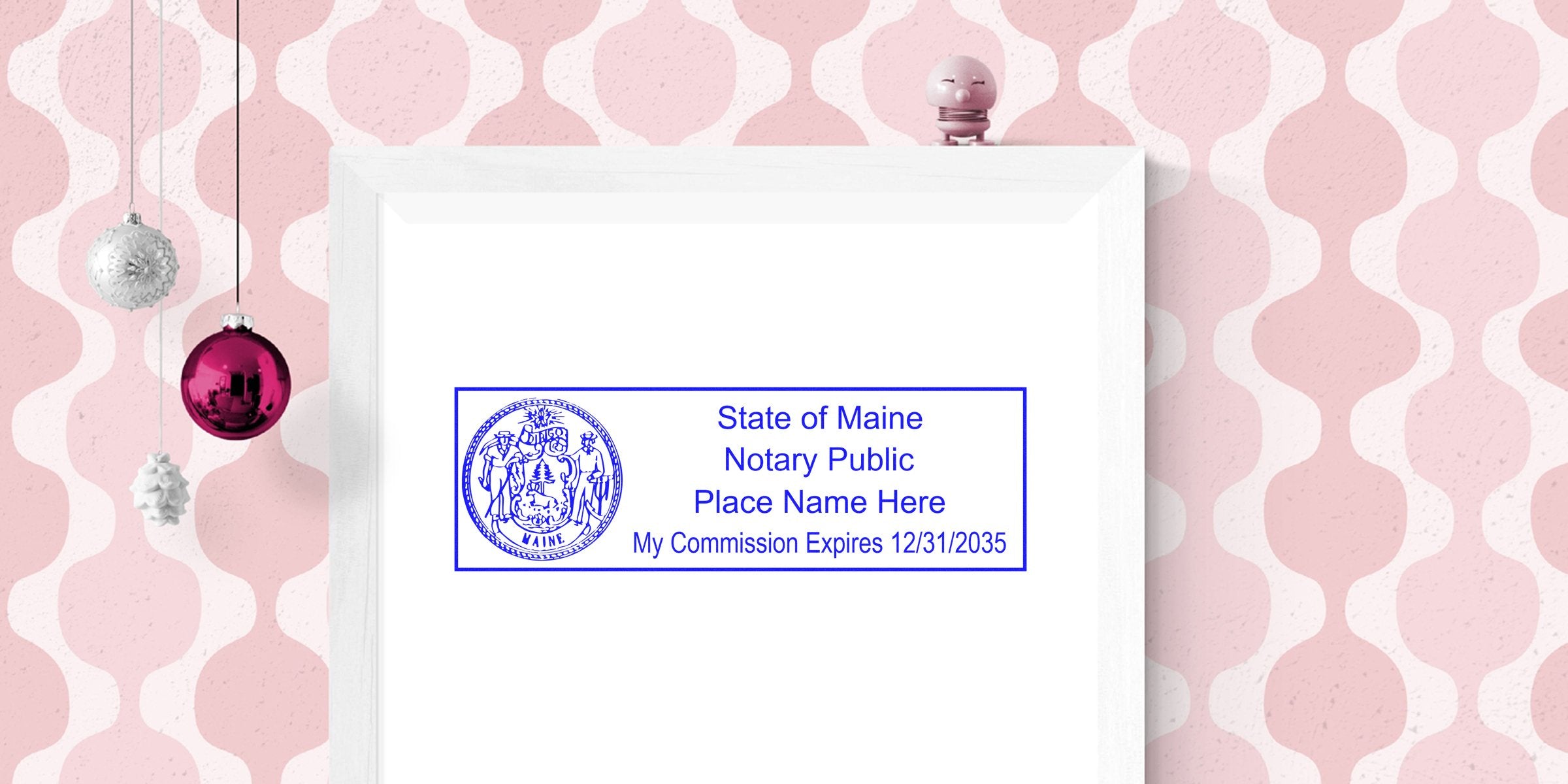 Maine notary stamp with state seal and commission expiration date on white background, self-inking design.